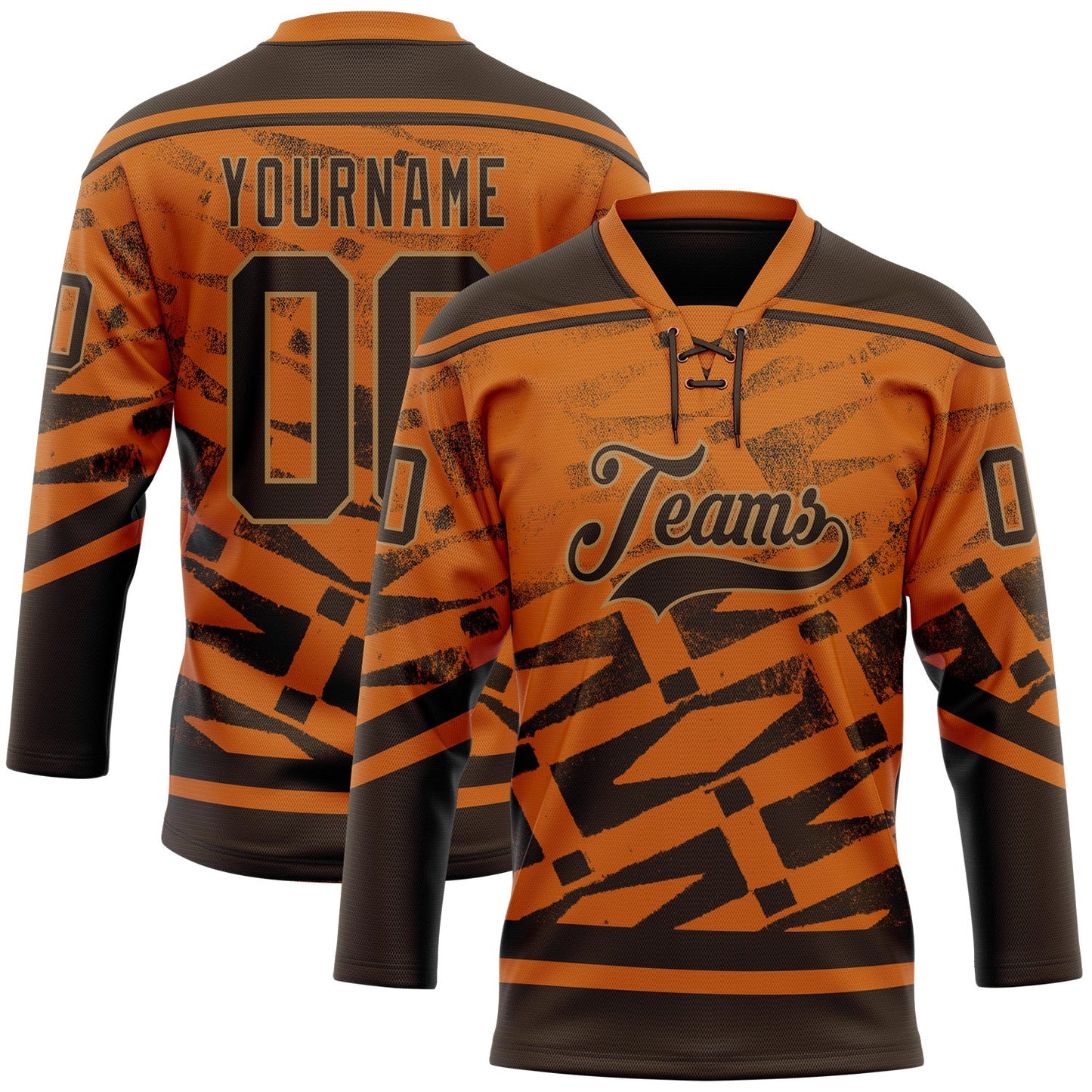 Custom Texas Orange Brown-Old Gold Tribal Indigenous Gradient Geometric Splash Hockey Lace Neck Jersey - Main View
