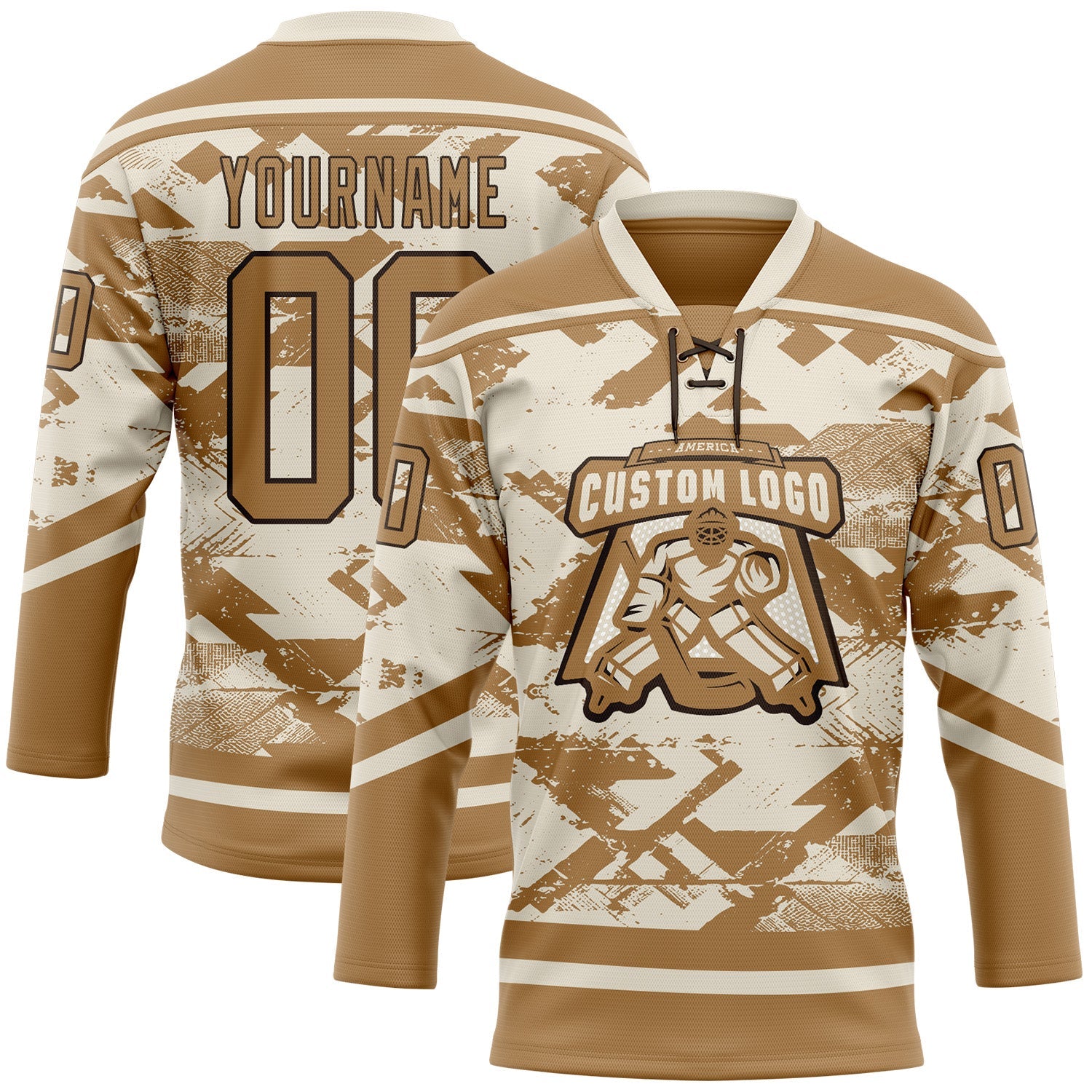 Custom Cream Old Gold-Brown Tribal Indigenous Grunge Splash Hockey Lace Neck Jersey view 2