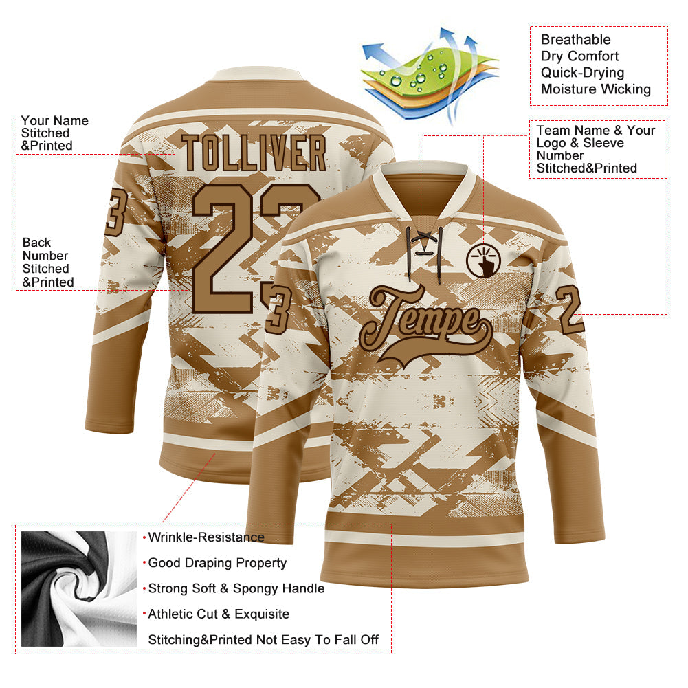 Custom Cream Old Gold-Brown Tribal Indigenous Grunge Splash Hockey Lace Neck Jersey view 5