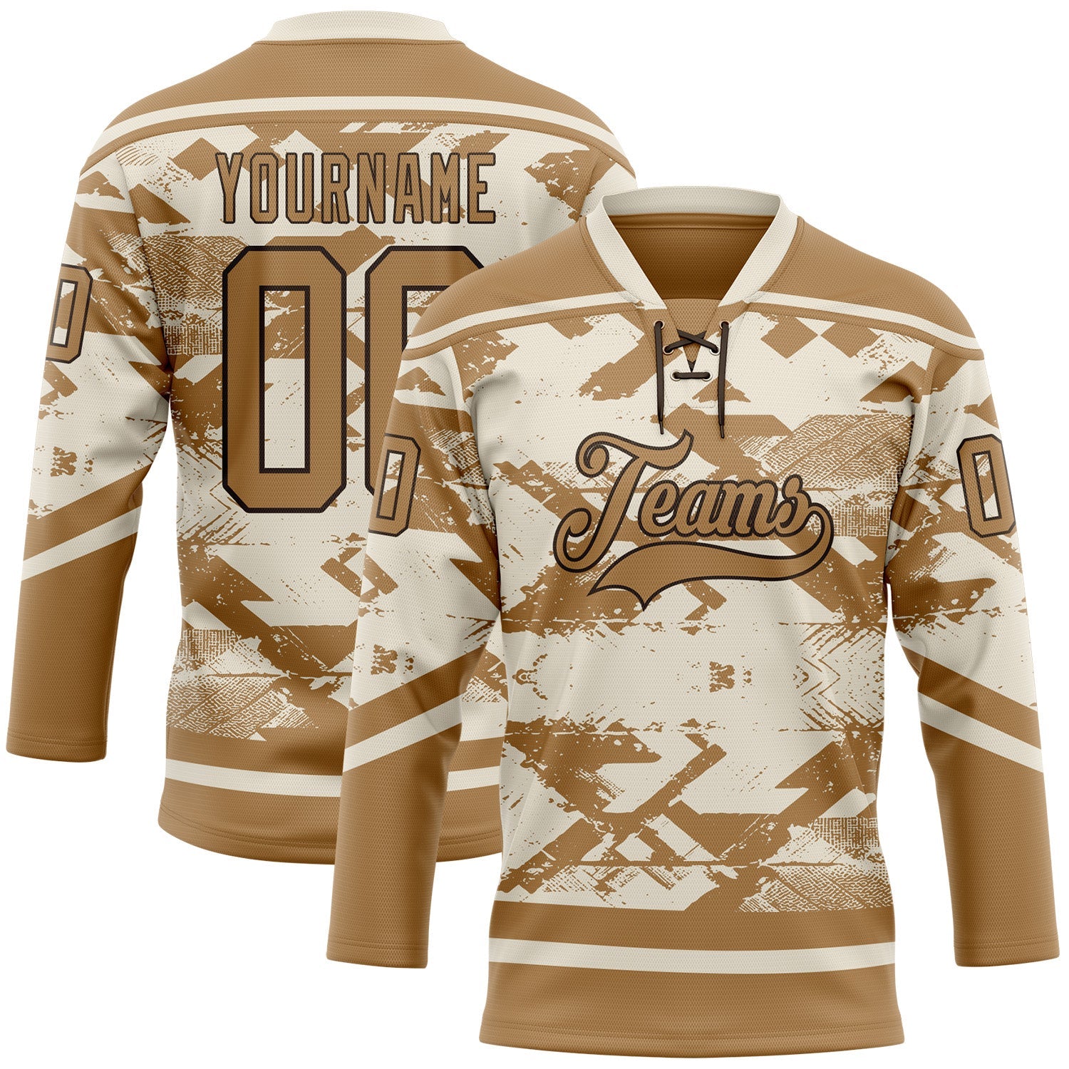 Custom Cream Old Gold-Brown Tribal Indigenous Grunge Splash Hockey Lace Neck Jersey - Main View