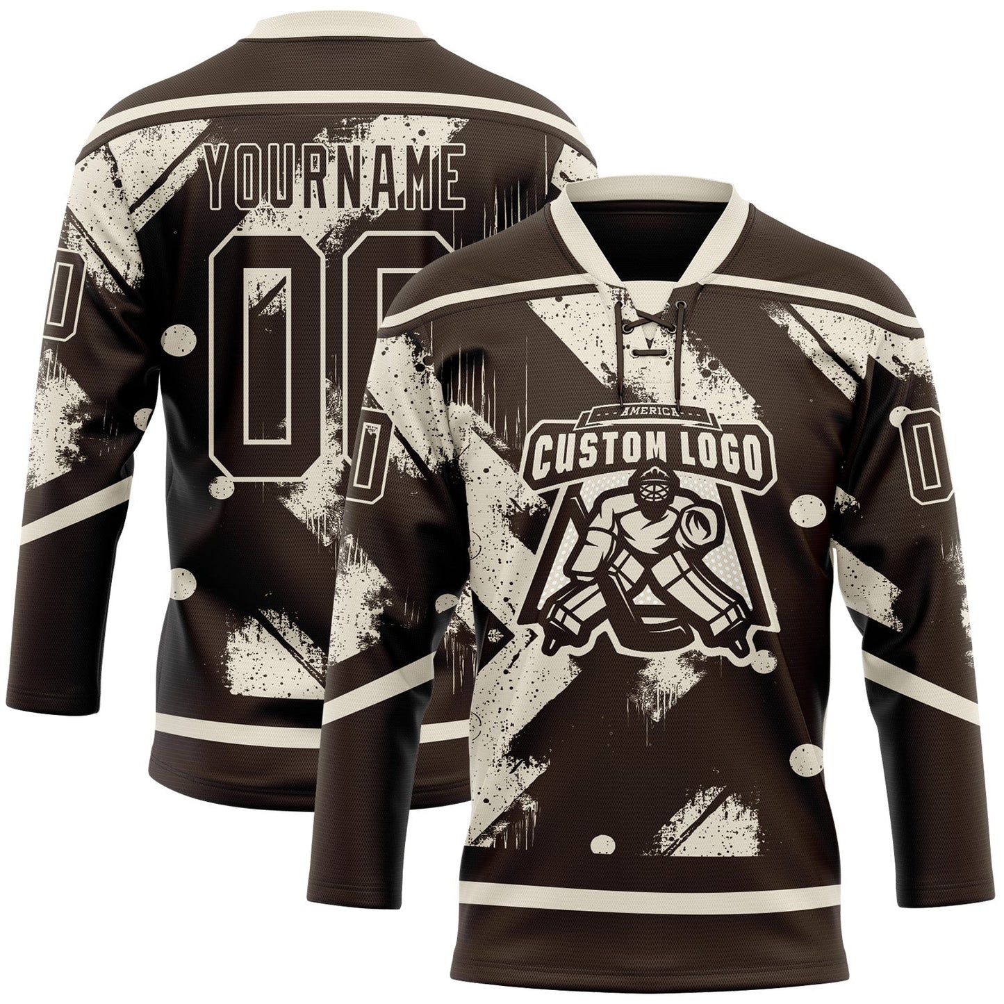 Custom Brown Cream Tribal Indigenous Grunge Splash Hockey Lace Neck Jersey view 2