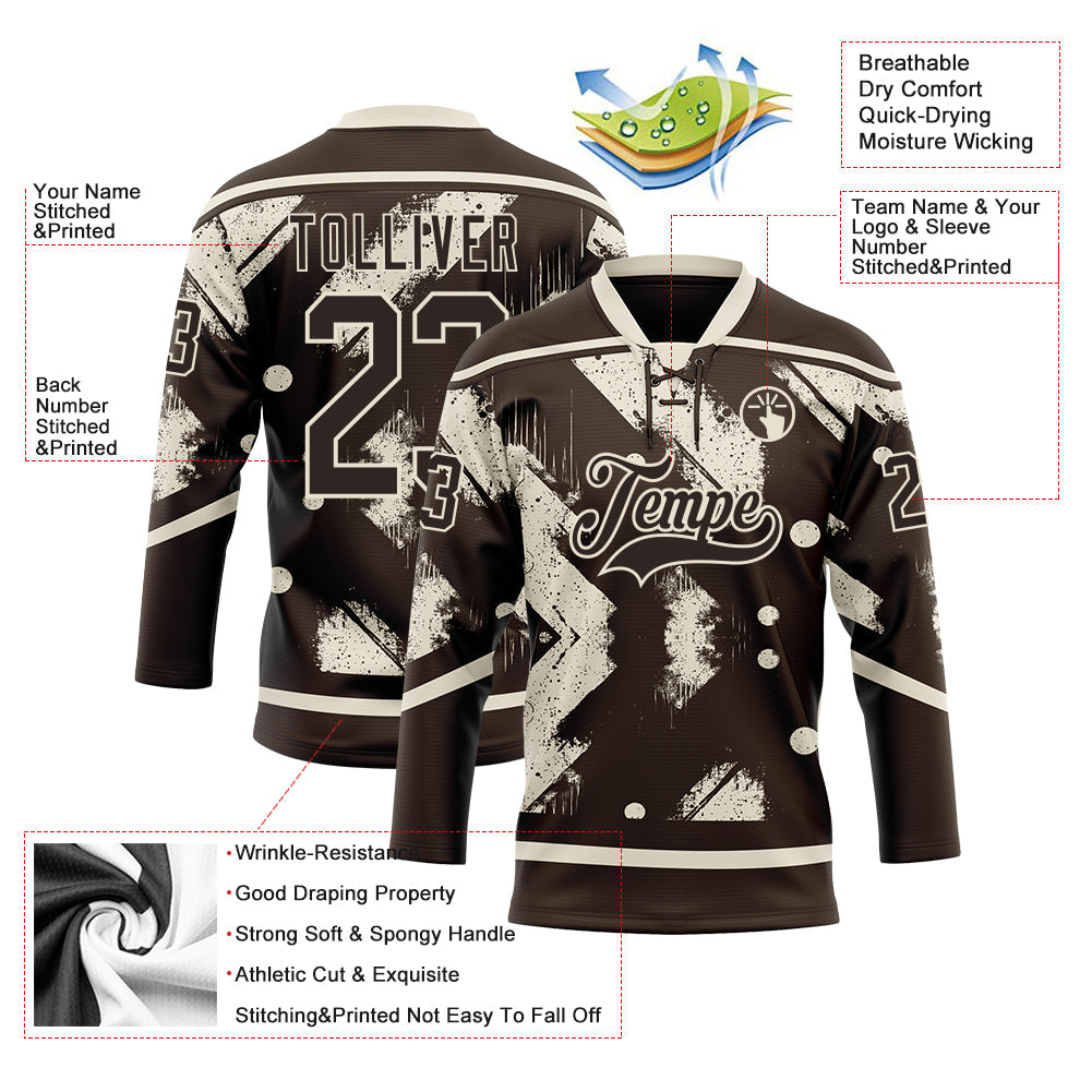 Custom Brown Cream Tribal Indigenous Grunge Splash Hockey Lace Neck Jersey view 5