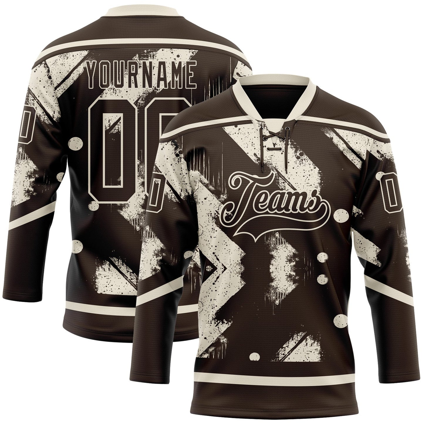 Custom Brown Cream Tribal Indigenous Grunge Splash Hockey Lace Neck Jersey - Main View