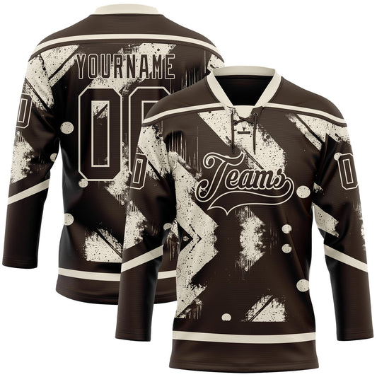 Custom Brown Cream Tribal Indigenous Grunge Splash Hockey Lace Neck Jersey - Main View