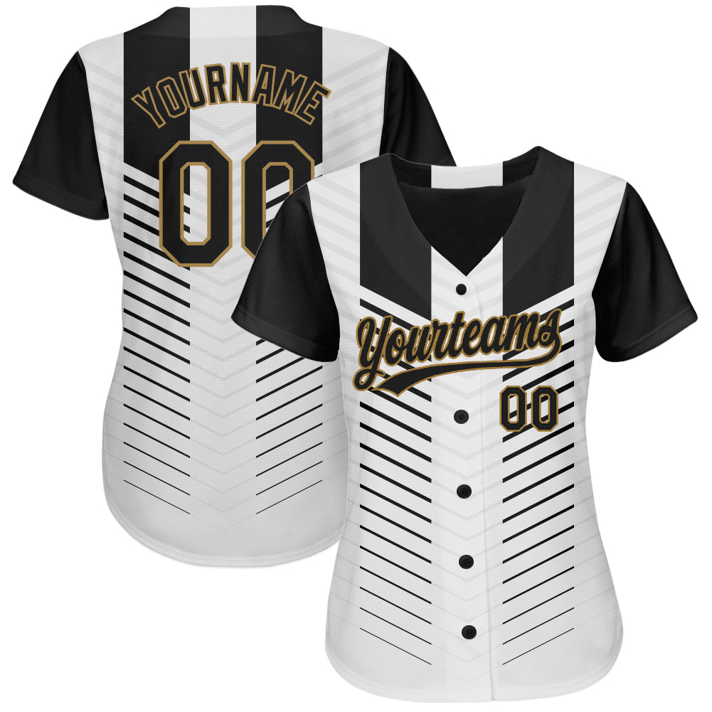 Custom White Black-Old Gold 3D Pattern Design Authentic Baseball Jersey view 2