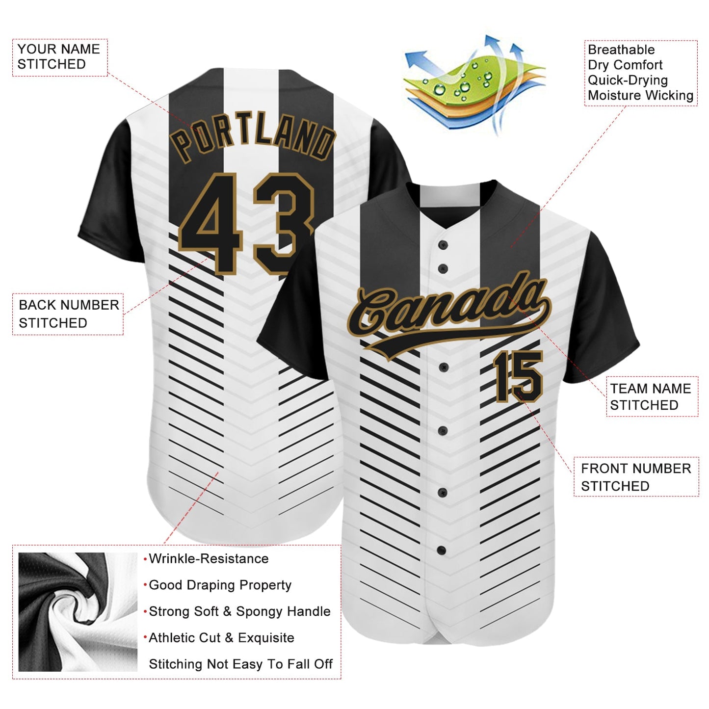 Custom White Black-Old Gold 3D Pattern Design Authentic Baseball Jersey view 3