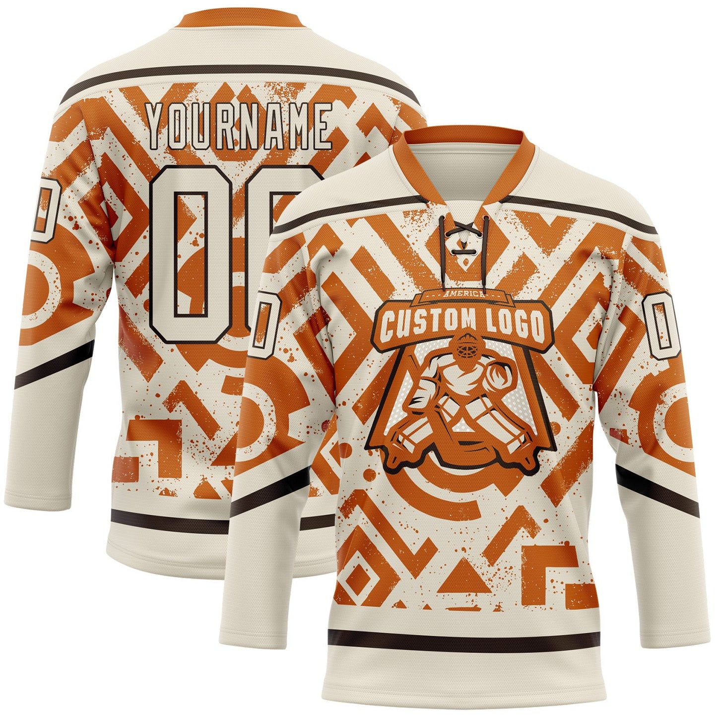 Custom Cream Texas Orange-Brown Tribal Indigenous Grunge Geometric Splash Hockey Lace Neck Jersey view 2