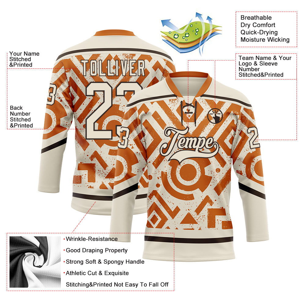 Custom Cream Texas Orange-Brown Tribal Indigenous Grunge Geometric Splash Hockey Lace Neck Jersey view 5