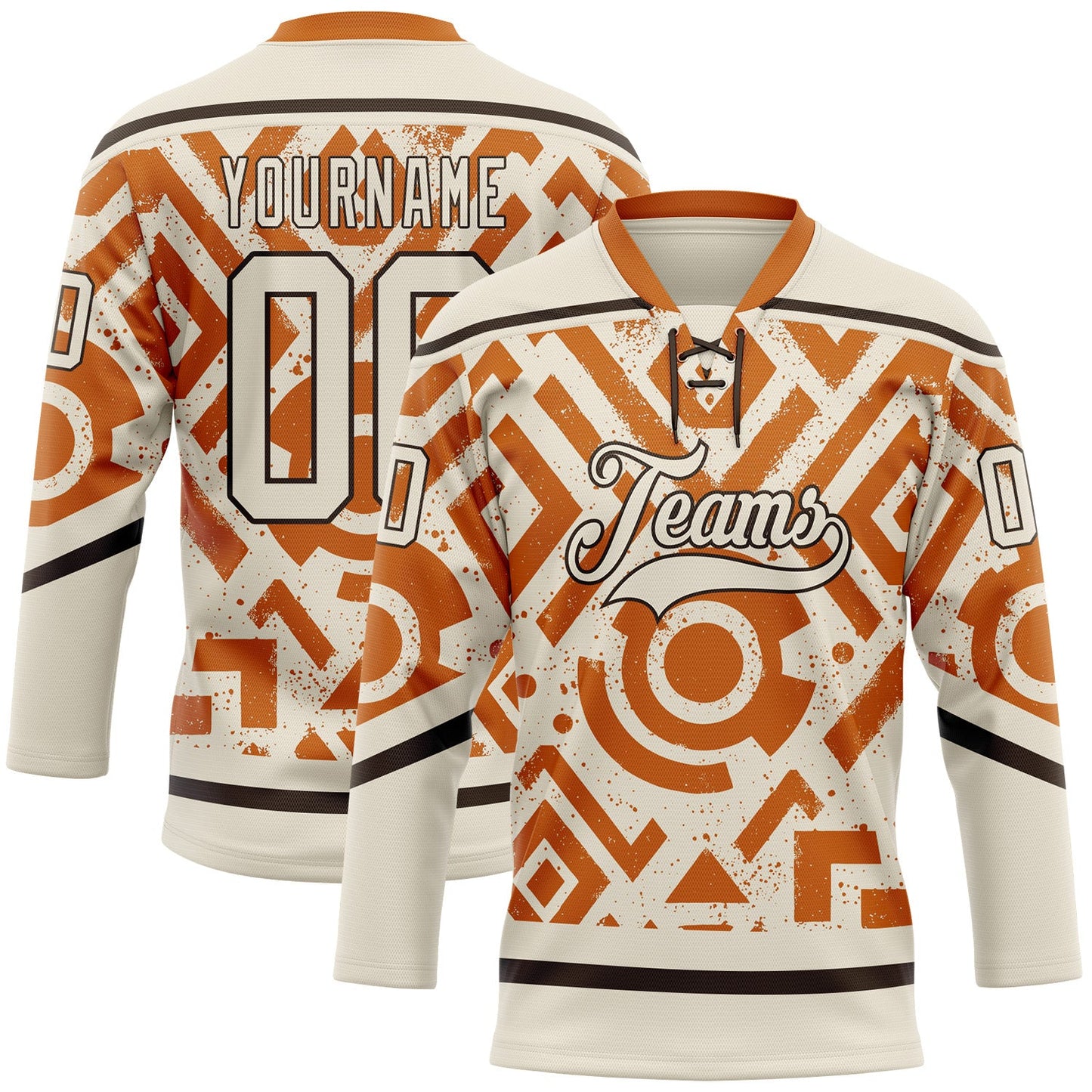 Custom Cream Texas Orange-Brown Tribal Indigenous Grunge Geometric Splash Hockey Lace Neck Jersey - Main View