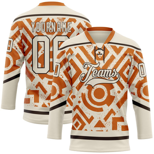 Custom Cream Texas Orange-Brown Tribal Indigenous Grunge Geometric Splash Hockey Lace Neck Jersey - Main View