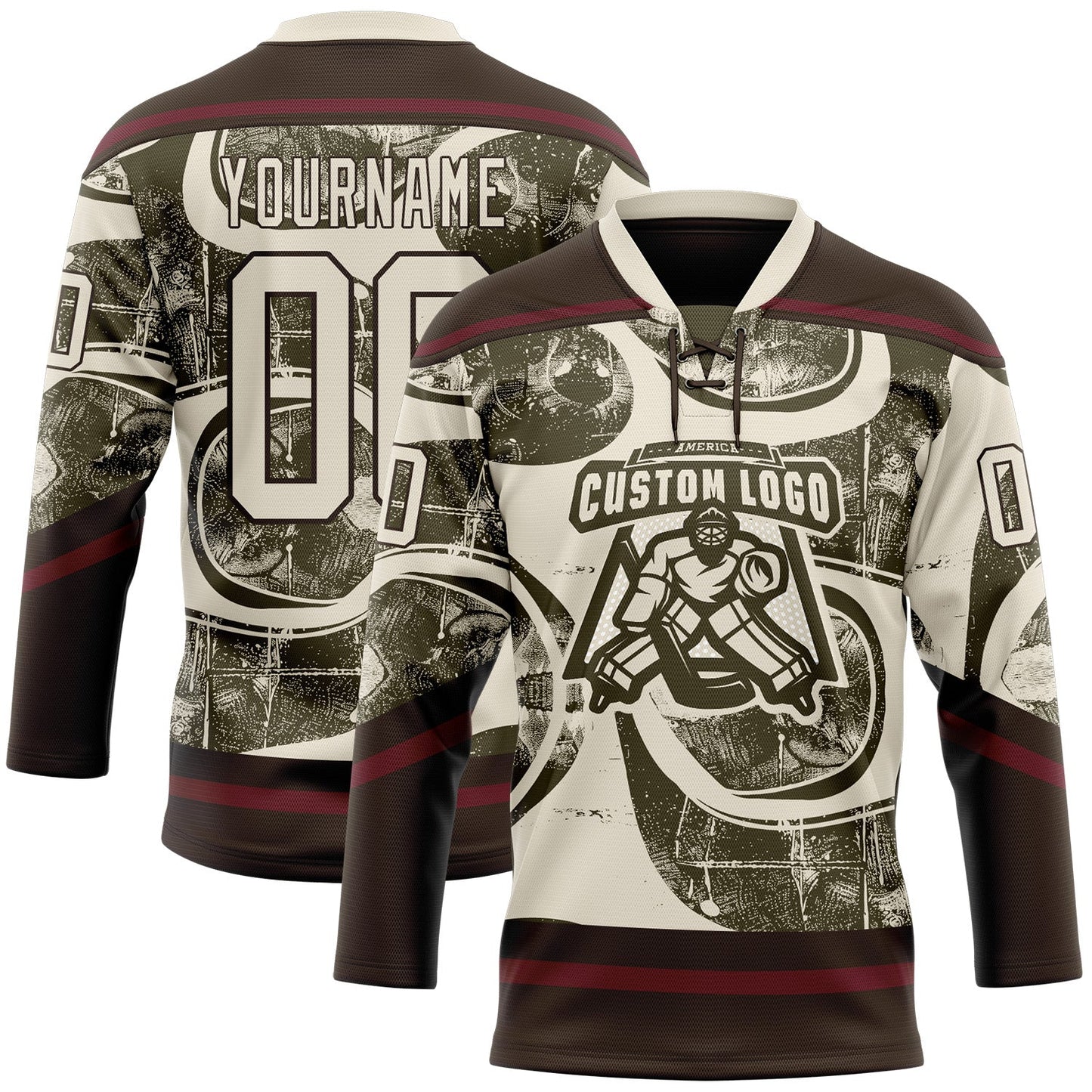 Custom Cream Olive Brown-Burgundy Tribal Indigenous Grunge Splash Hockey Lace Neck Jersey view 2