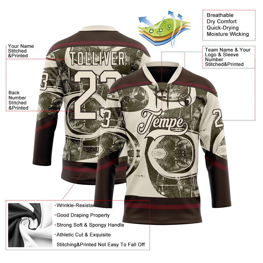 Custom Cream Olive Brown-Burgundy Tribal Indigenous Grunge Splash Hockey Lace Neck Jersey view 5