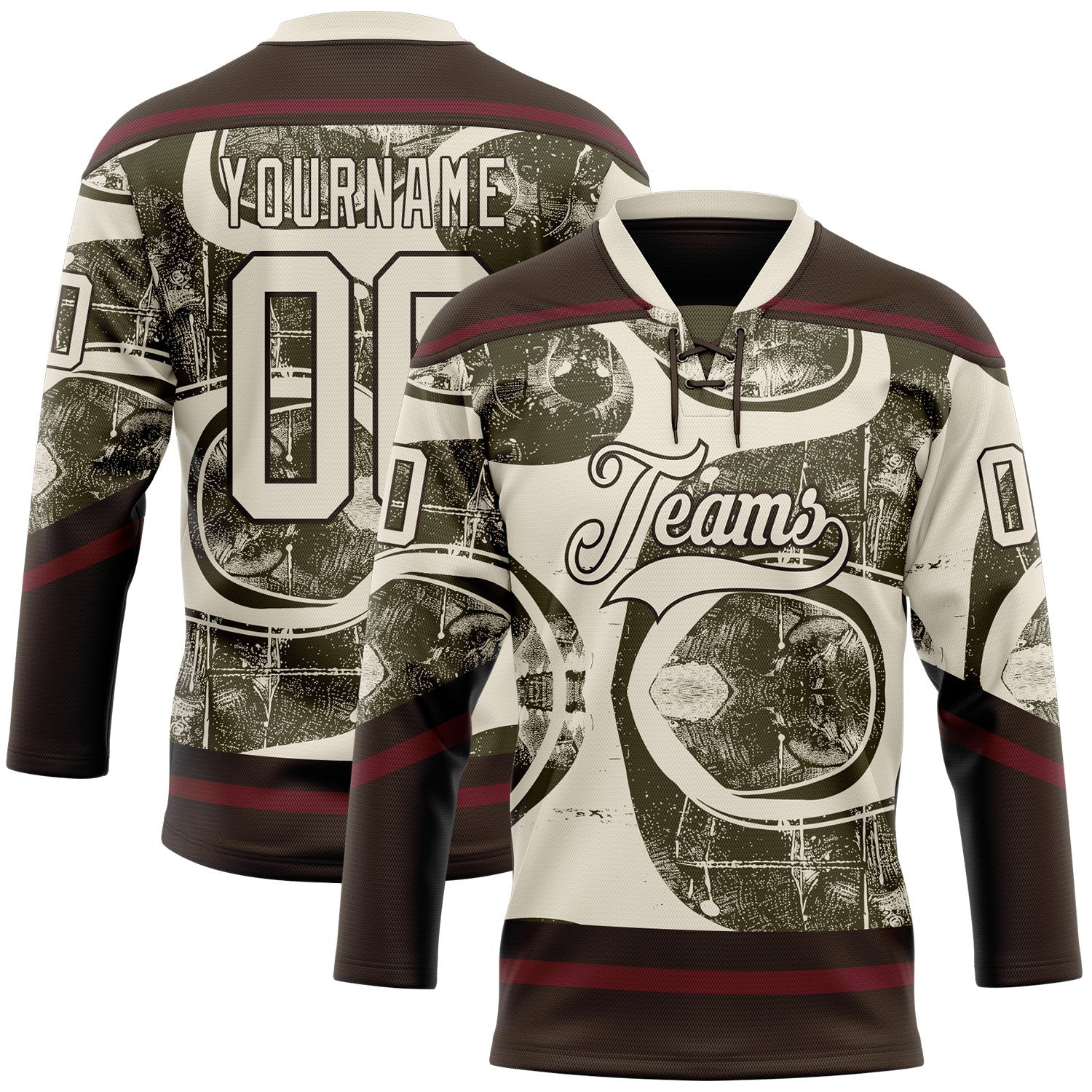 Custom Cream Olive Brown-Burgundy Tribal Indigenous Grunge Splash Hockey Lace Neck Jersey - Main View