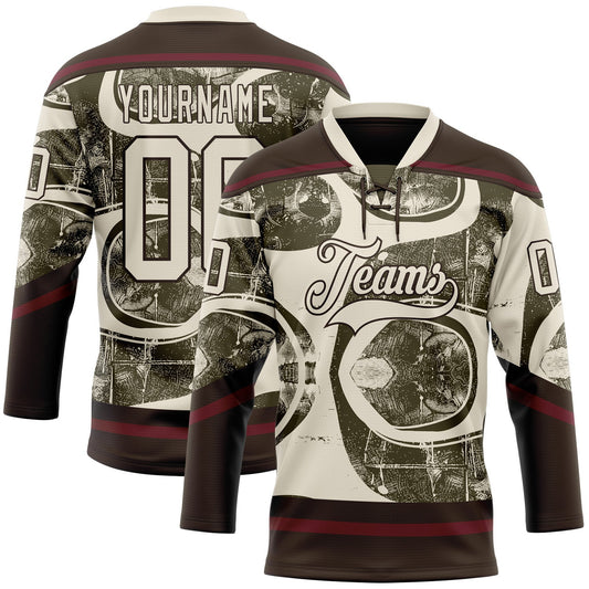 Custom Cream Olive Brown-Burgundy Tribal Indigenous Grunge Splash Hockey Lace Neck Jersey - Main View