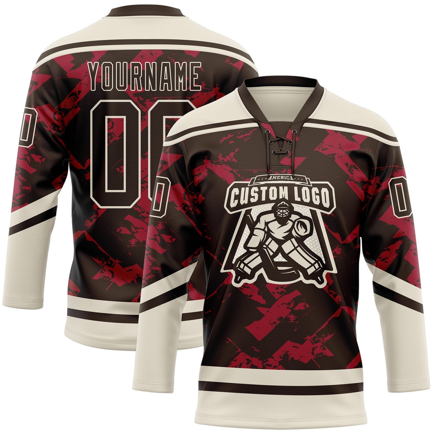 Custom Brown Red-Cream Tribal Indigenous Grunge Splash Hockey Lace Neck Jersey view 2
