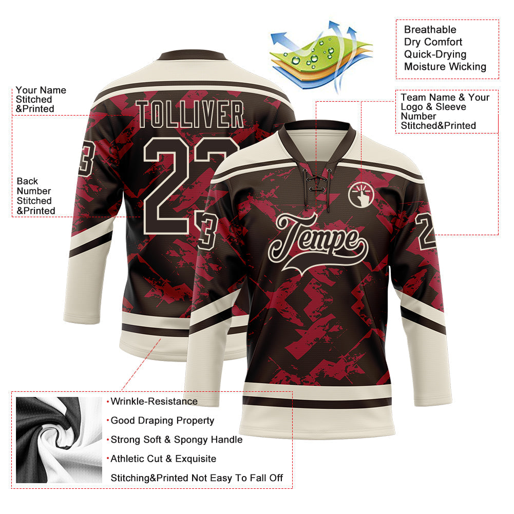 Custom Brown Red-Cream Tribal Indigenous Grunge Splash Hockey Lace Neck Jersey view 5