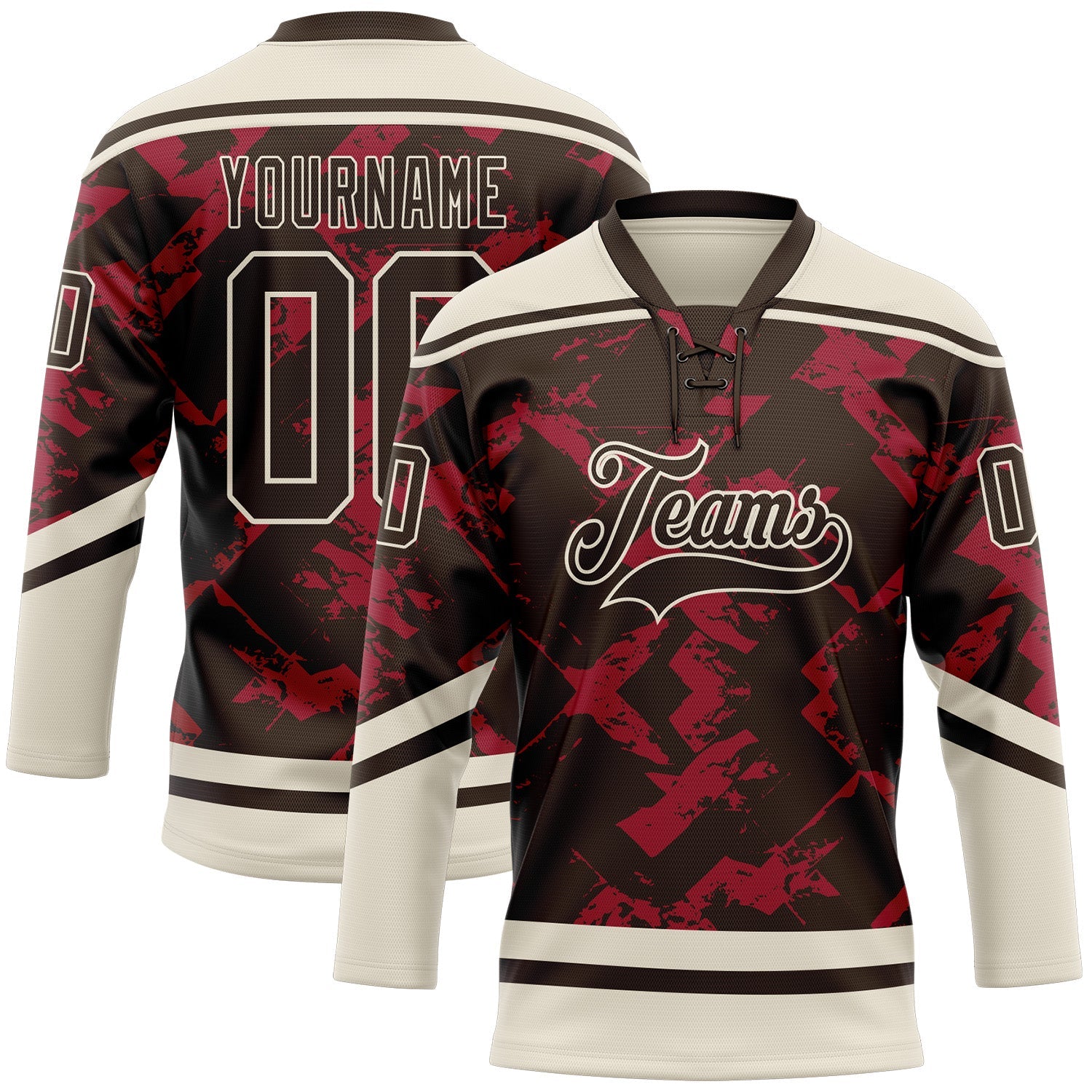 Custom Brown Red-Cream Tribal Indigenous Grunge Splash Hockey Lace Neck Jersey - Main View