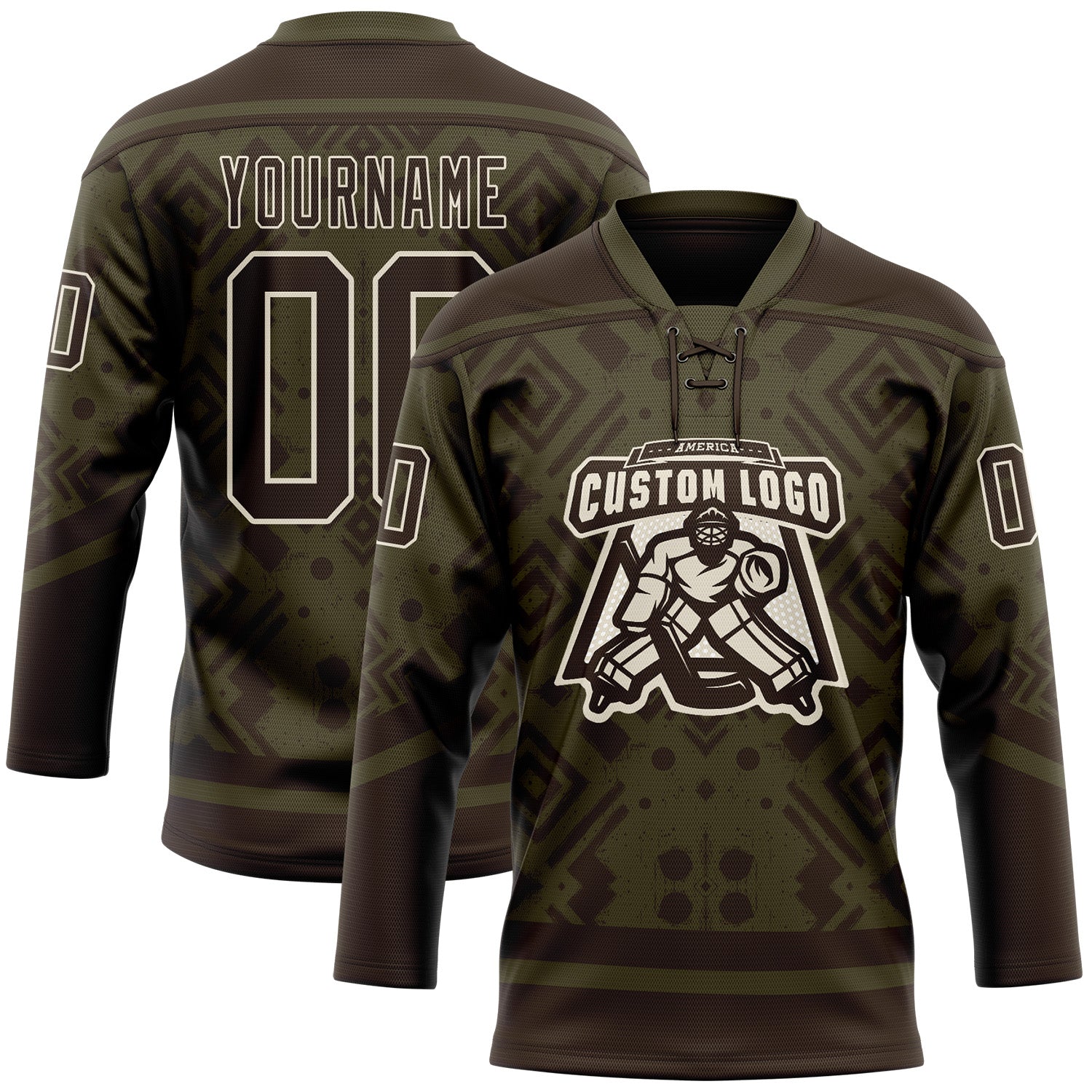 Custom Olive Brown-Cream Tribal Indigenous Grunge Geometric Splash Hockey Lace Neck Jersey view 2