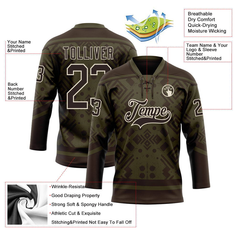 Custom Olive Brown-Cream Tribal Indigenous Grunge Geometric Splash Hockey Lace Neck Jersey view 5