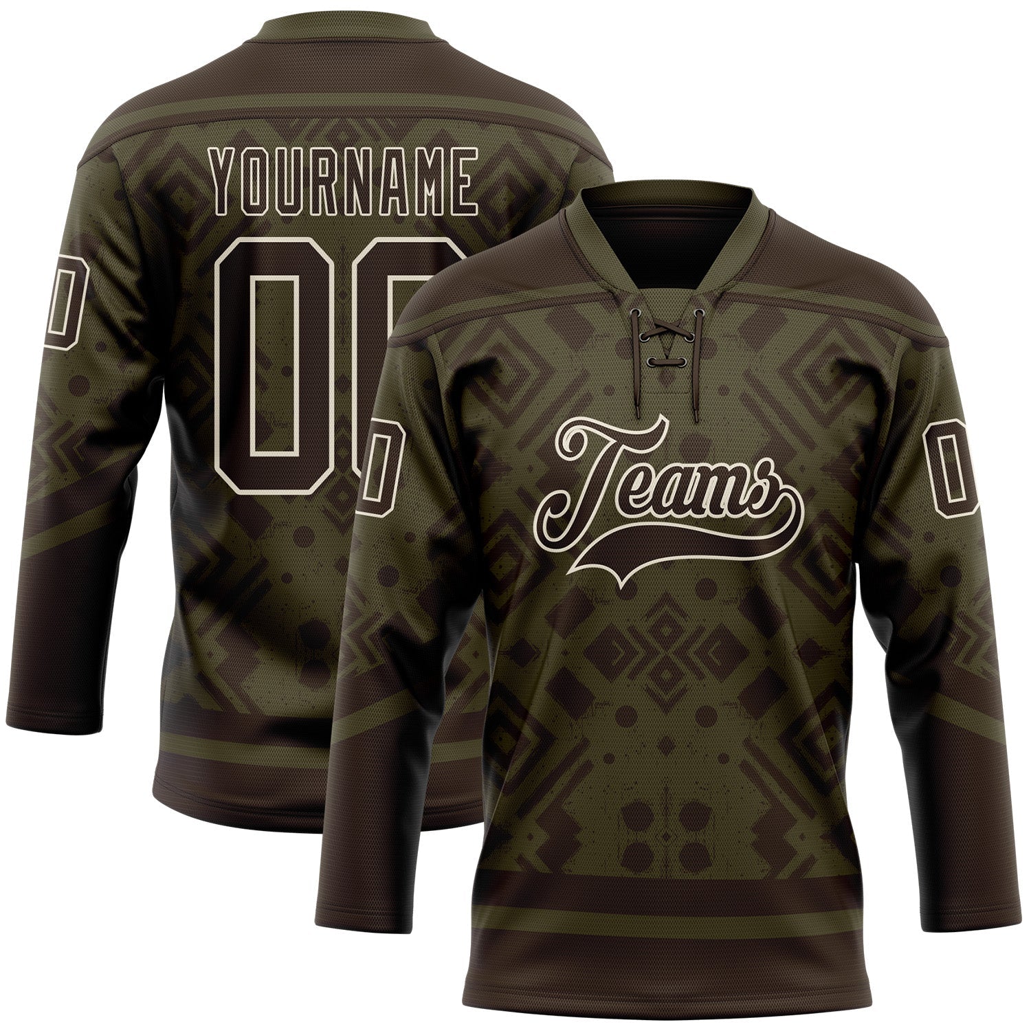 Custom Olive Brown-Cream Tribal Indigenous Grunge Geometric Splash Hockey Lace Neck Jersey - Main View