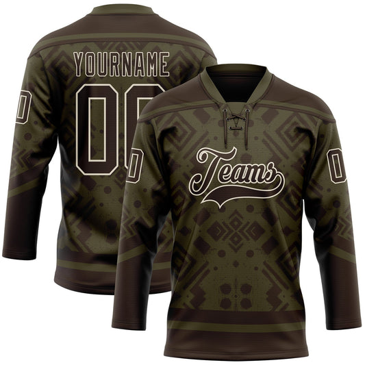 Custom Olive Brown-Cream Tribal Indigenous Grunge Geometric Splash Hockey Lace Neck Jersey - Main View