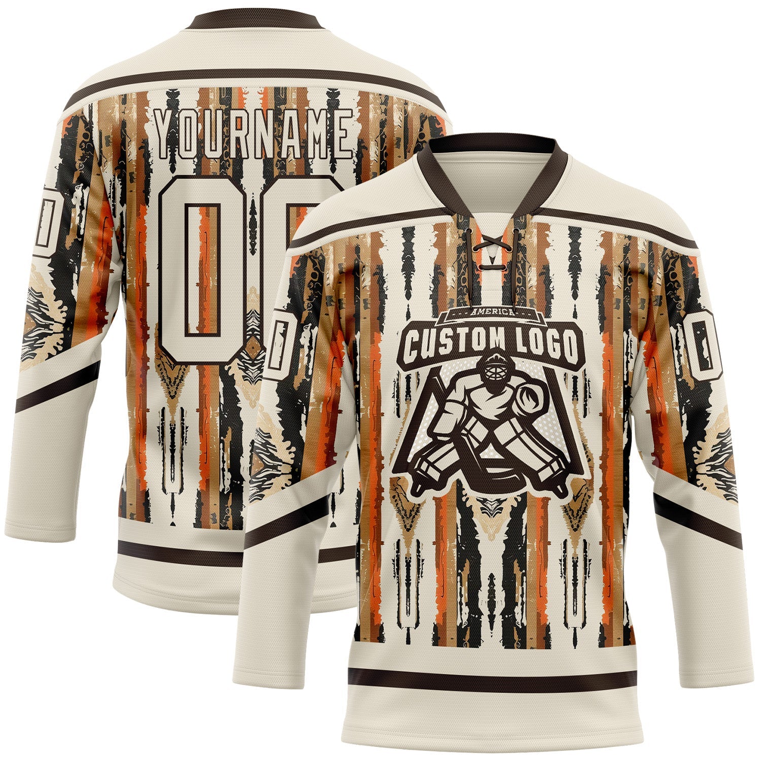 Custom Cream Brown Orange-Black Tribal Indigenous Grunge Splash Hockey Lace Neck Jersey view 2