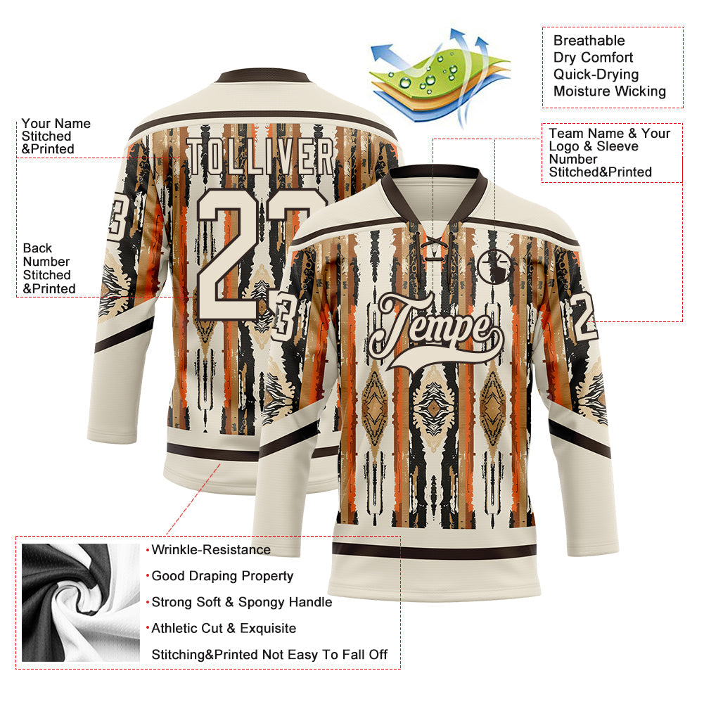 Custom Cream Brown Orange-Black Tribal Indigenous Grunge Splash Hockey Lace Neck Jersey view 5