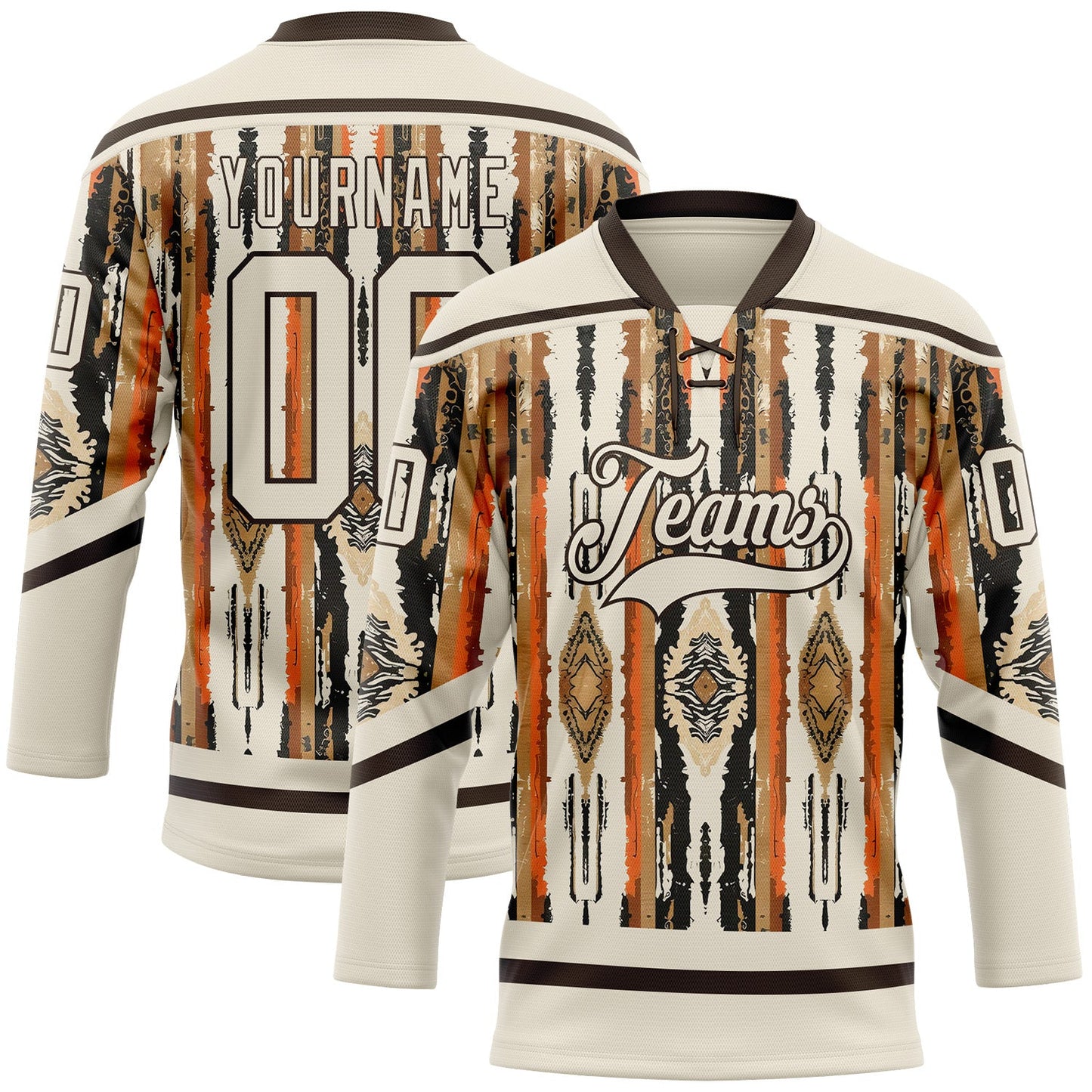 Custom Cream Brown Orange-Black Tribal Indigenous Grunge Splash Hockey Lace Neck Jersey - Main View