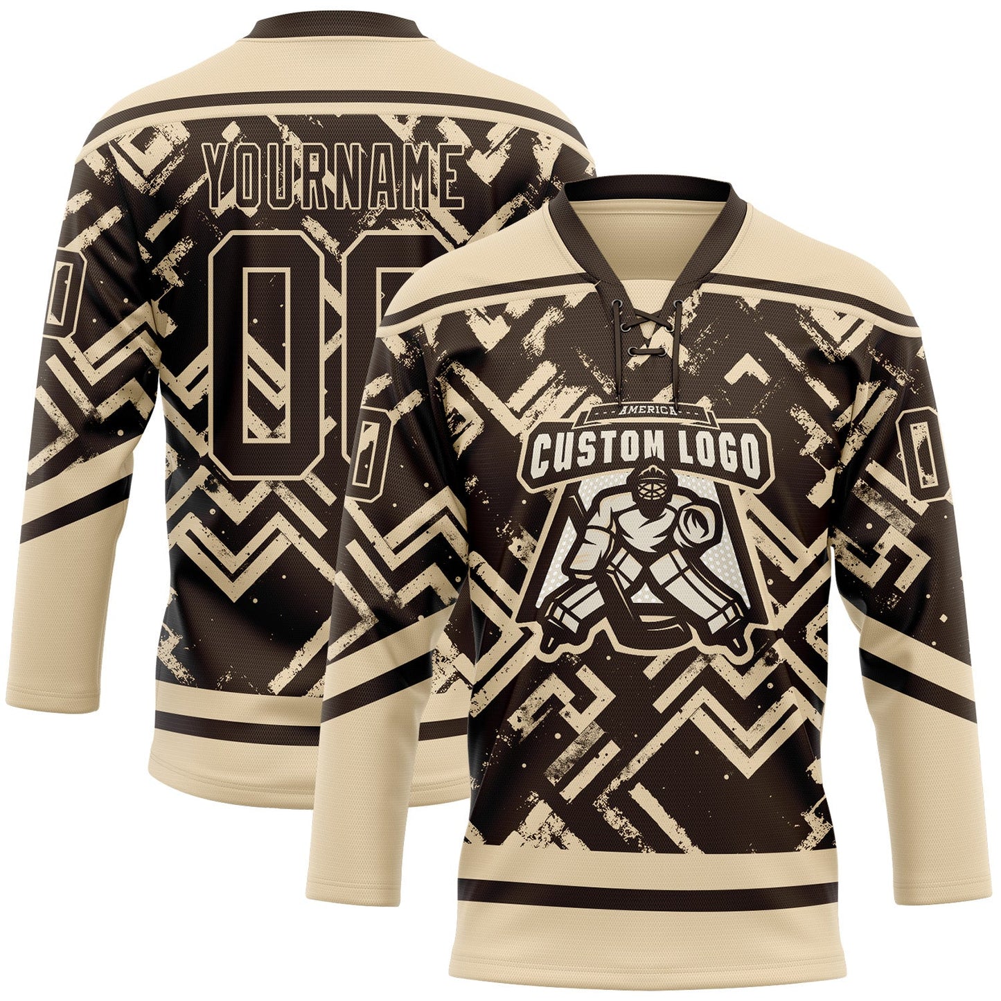 Custom Brown City Cream Tribal Indigenous Grunge Geometric Splash Hockey Lace Neck Jersey view 2