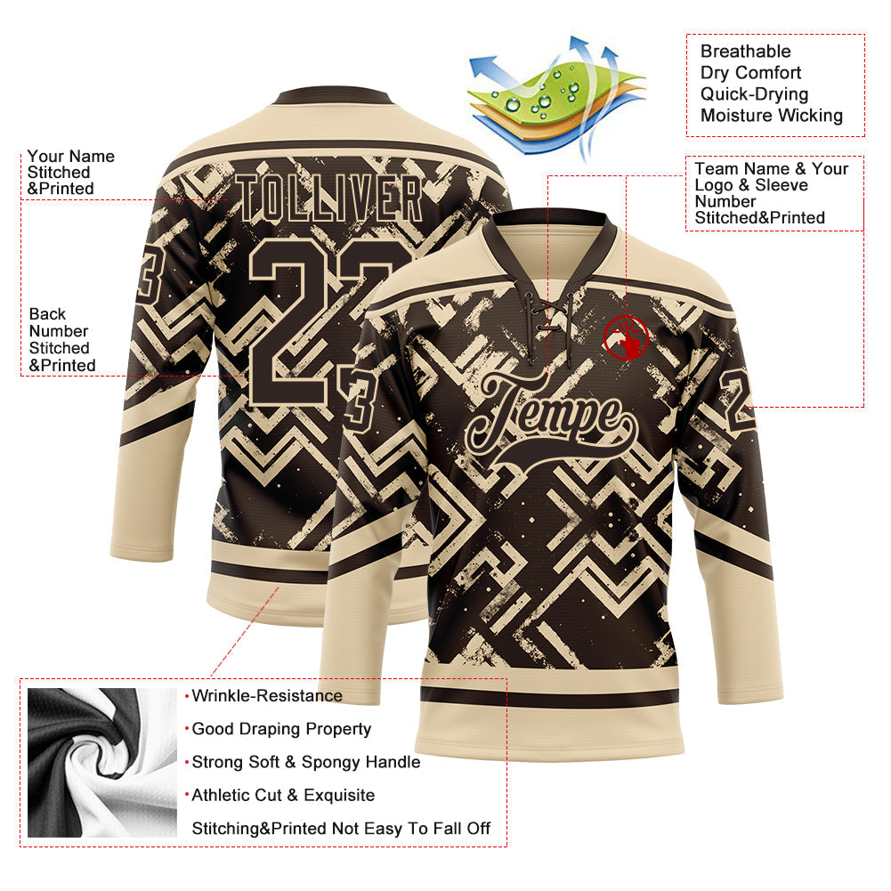 Custom Brown City Cream Tribal Indigenous Grunge Geometric Splash Hockey Lace Neck Jersey view 5