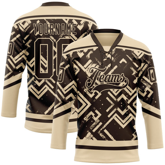 Custom Brown City Cream Tribal Indigenous Grunge Geometric Splash Hockey Lace Neck Jersey - Main View