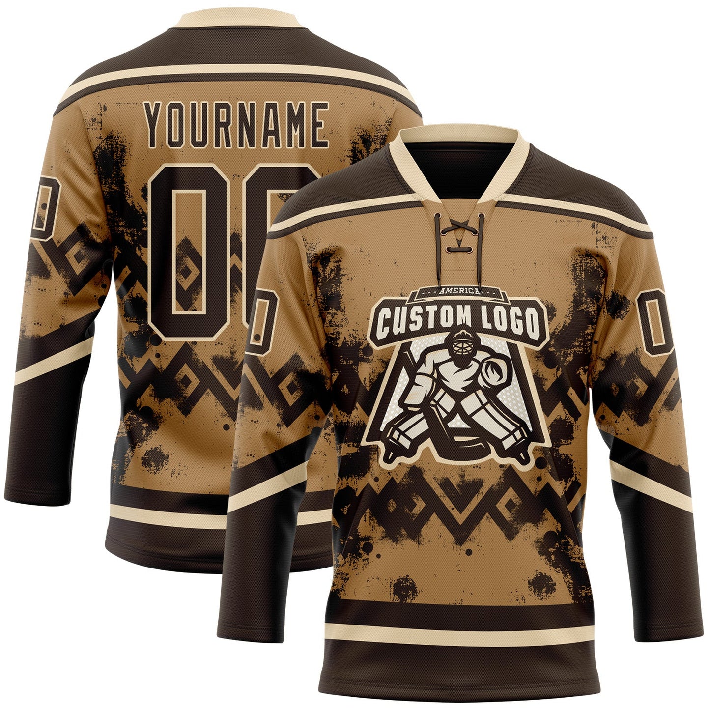 Custom Old Gold Brown-City Cream Tribal Indigenous Grunge Geometric Splash Hockey Lace Neck Jersey view 2