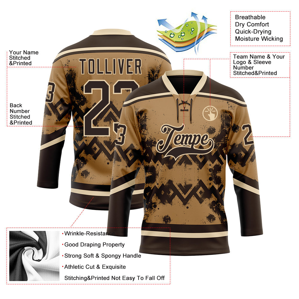 Custom Old Gold Brown-City Cream Tribal Indigenous Grunge Geometric Splash Hockey Lace Neck Jersey view 5