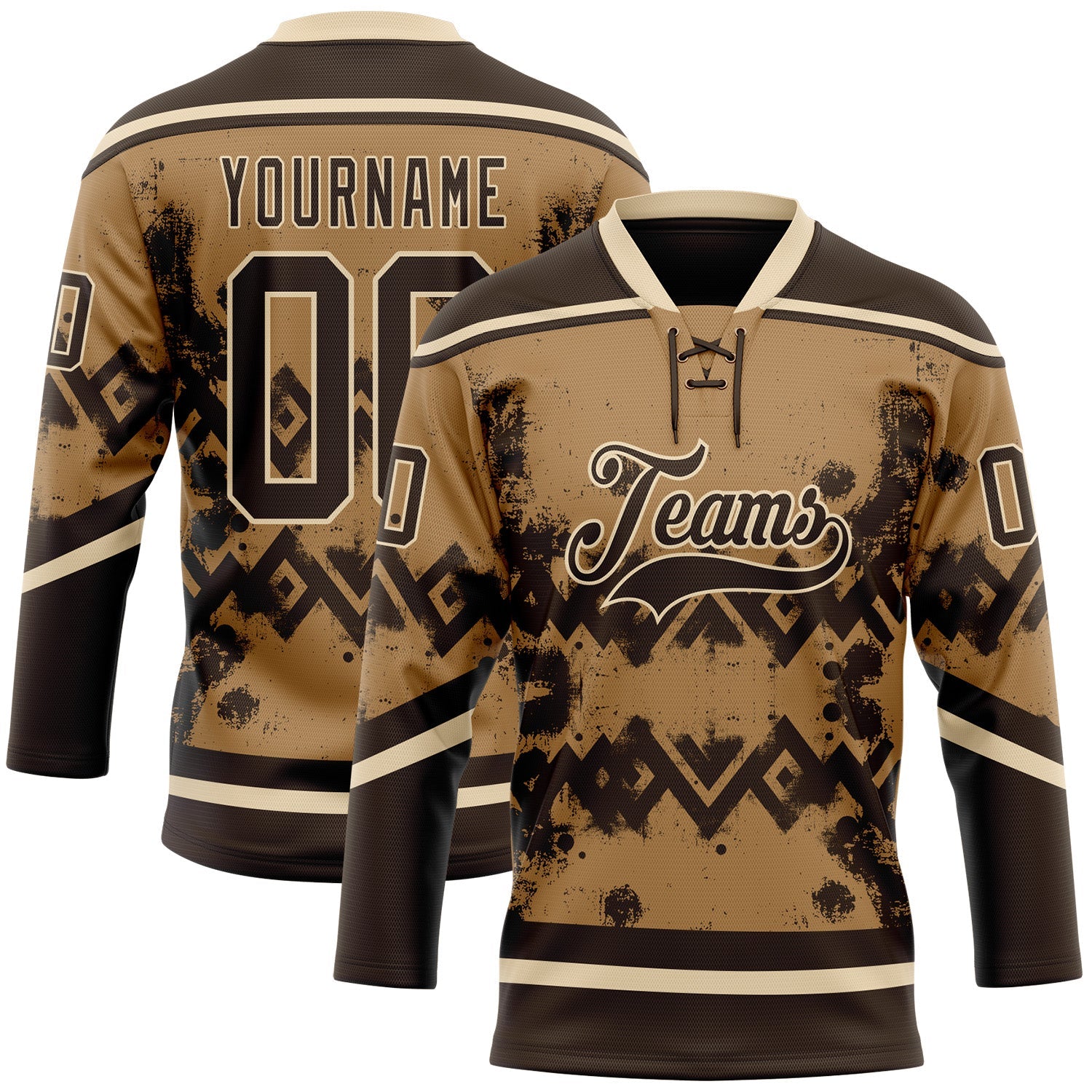 Custom Old Gold Brown-City Cream Tribal Indigenous Grunge Geometric Splash Hockey Lace Neck Jersey - Main View