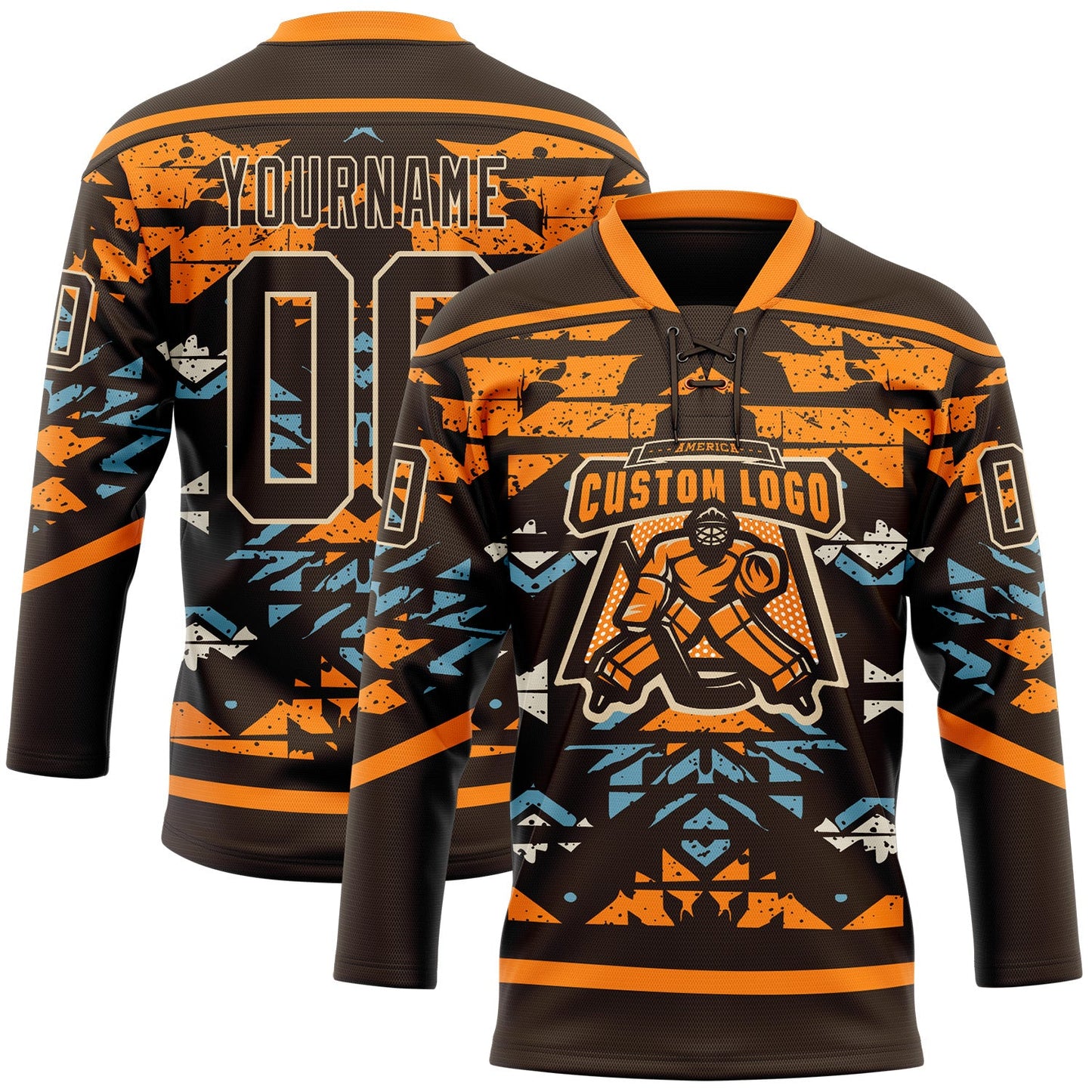 Custom Brown Bay Orange Blue-City Cream Tribal Indigenous Grunge Splash Hockey Lace Neck Jersey view 2