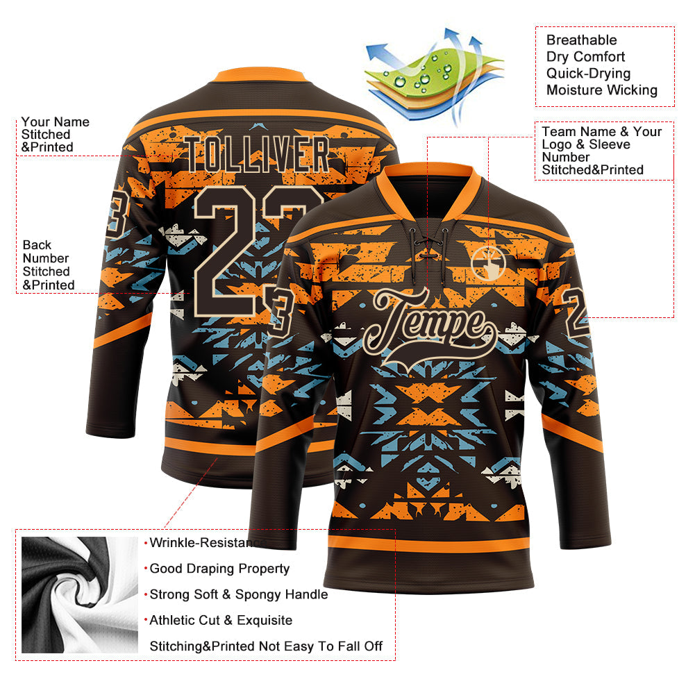 Custom Brown Bay Orange Blue-City Cream Tribal Indigenous Grunge Splash Hockey Lace Neck Jersey view 5