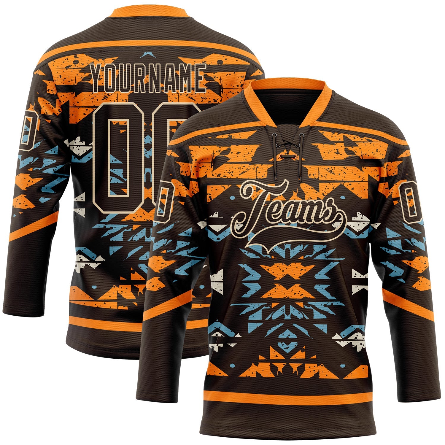Custom Brown Bay Orange Blue-City Cream Tribal Indigenous Grunge Splash Hockey Lace Neck Jersey - Main View