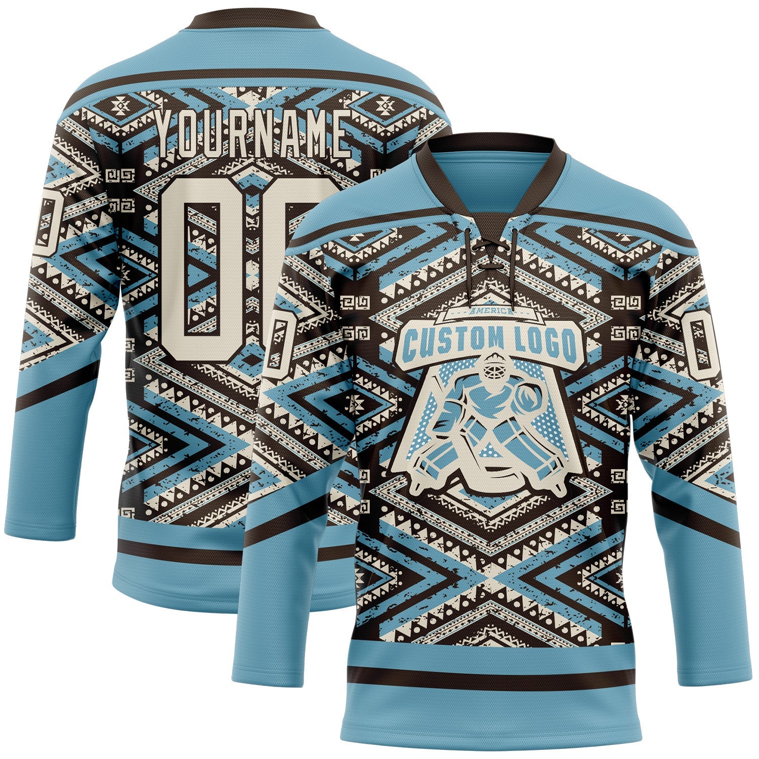 Custom Shadow Blue Cream-Brown Tribal Indigenous Grunge Geometric Splash Hockey Lace Neck Jersey view 2