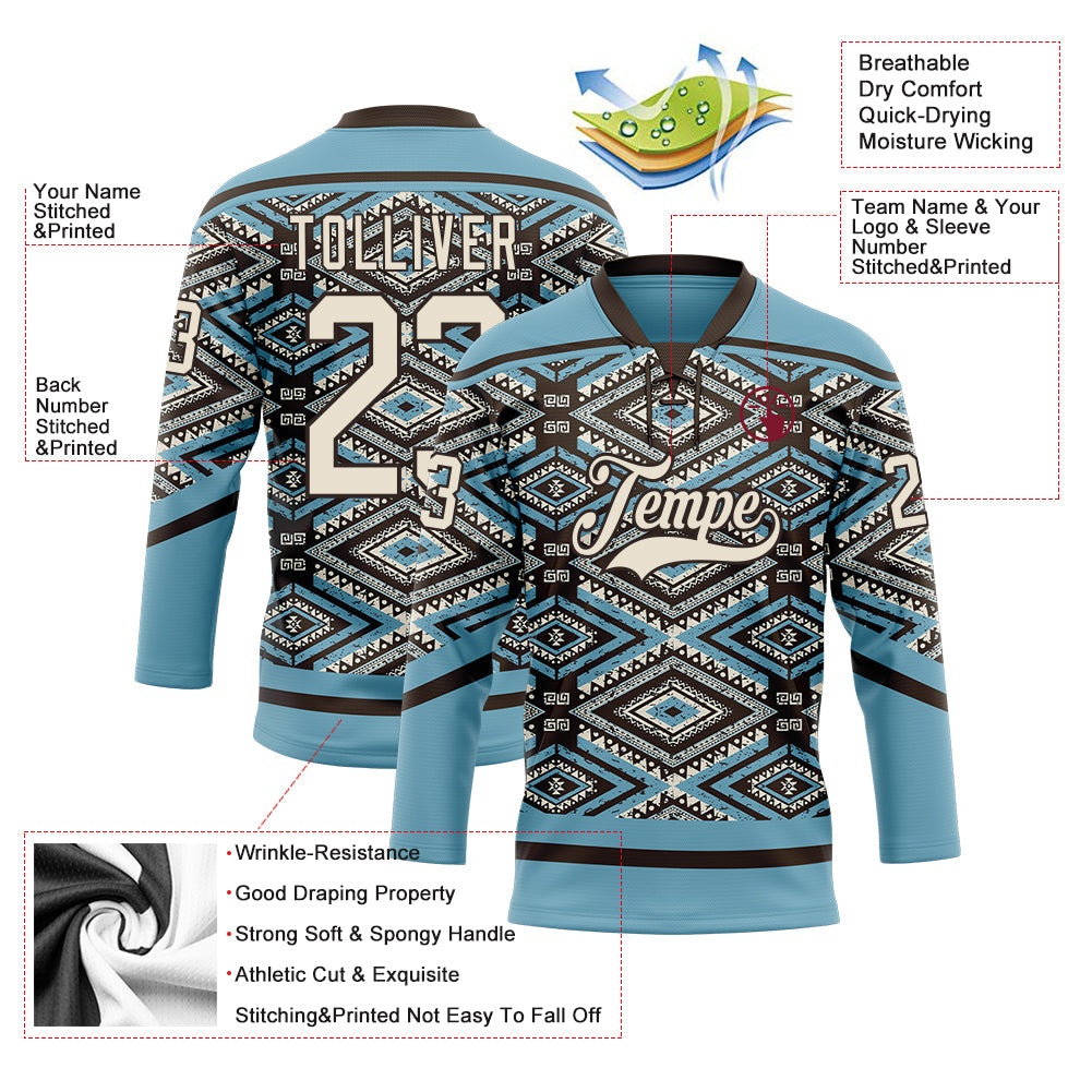 Custom Shadow Blue Cream-Brown Tribal Indigenous Grunge Geometric Splash Hockey Lace Neck Jersey view 5