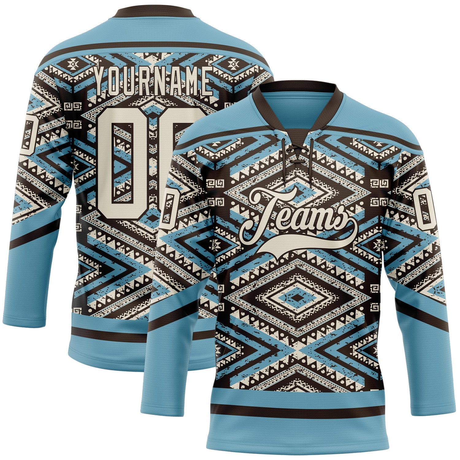 Custom Shadow Blue Cream-Brown Tribal Indigenous Grunge Geometric Splash Hockey Lace Neck Jersey - Main View