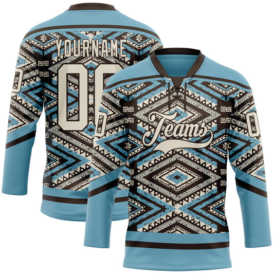 Custom Shadow Blue Cream-Brown Tribal Indigenous Grunge Geometric Splash Hockey Lace Neck Jersey - Main View