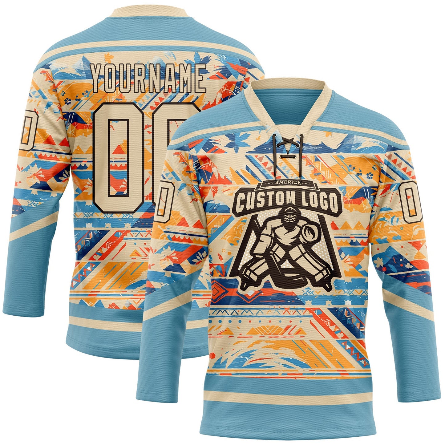 Custom Shadow Blue City Cream Brown-Orange Tribal Indigenous Grunge Splash Hockey Lace Neck Jersey view 2