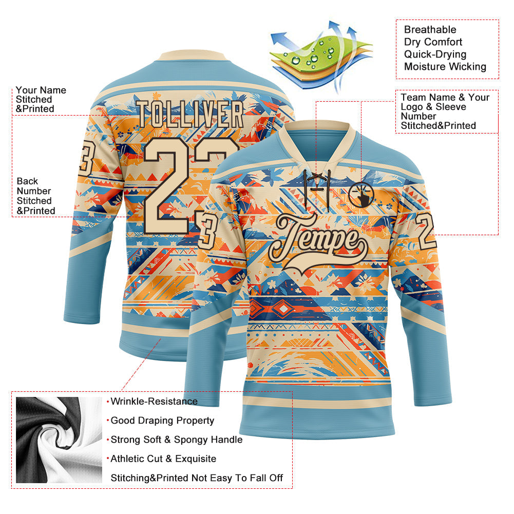 Custom Shadow Blue City Cream Brown-Orange Tribal Indigenous Grunge Splash Hockey Lace Neck Jersey view 5