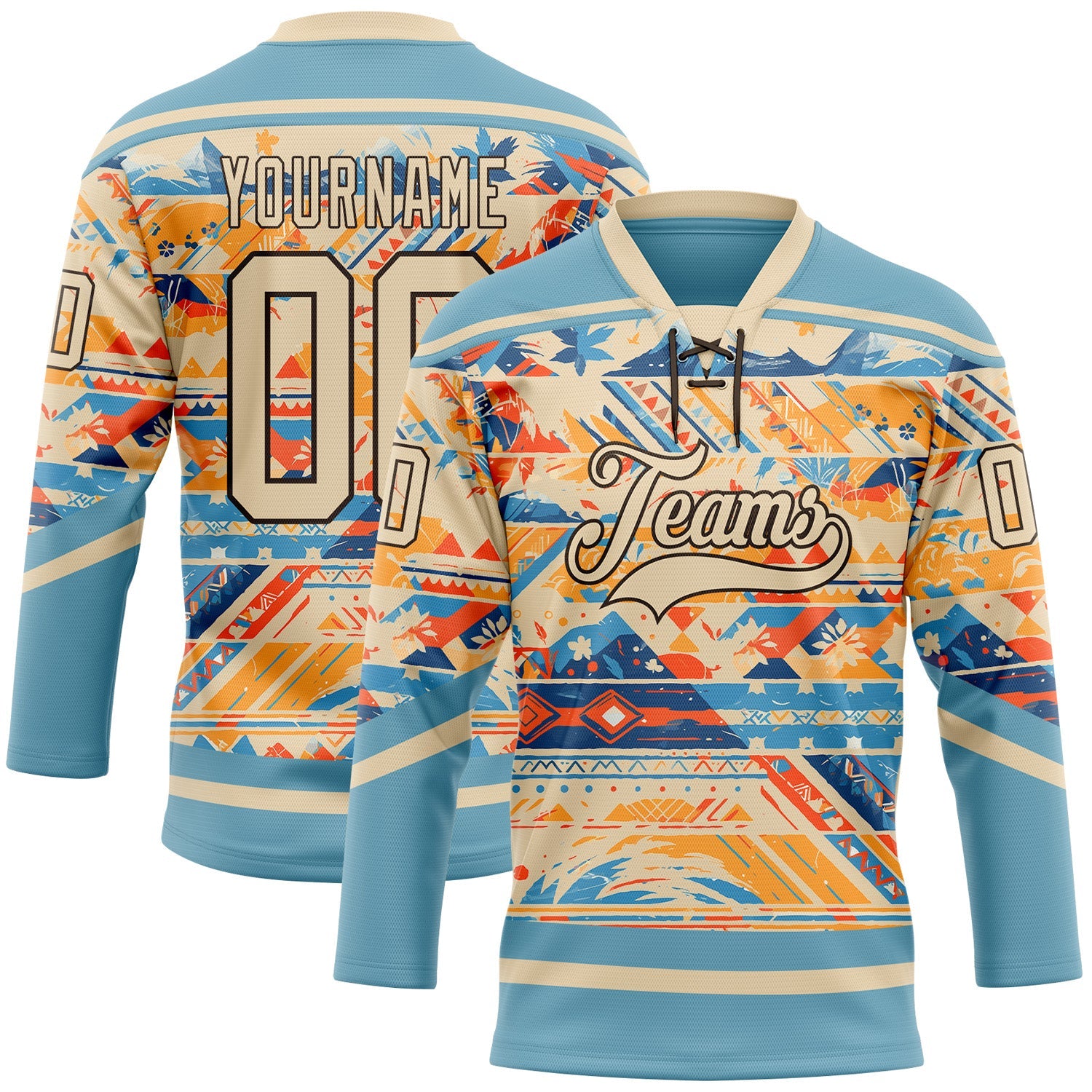 Custom Shadow Blue City Cream Brown-Orange Tribal Indigenous Grunge Splash Hockey Lace Neck Jersey - Main View