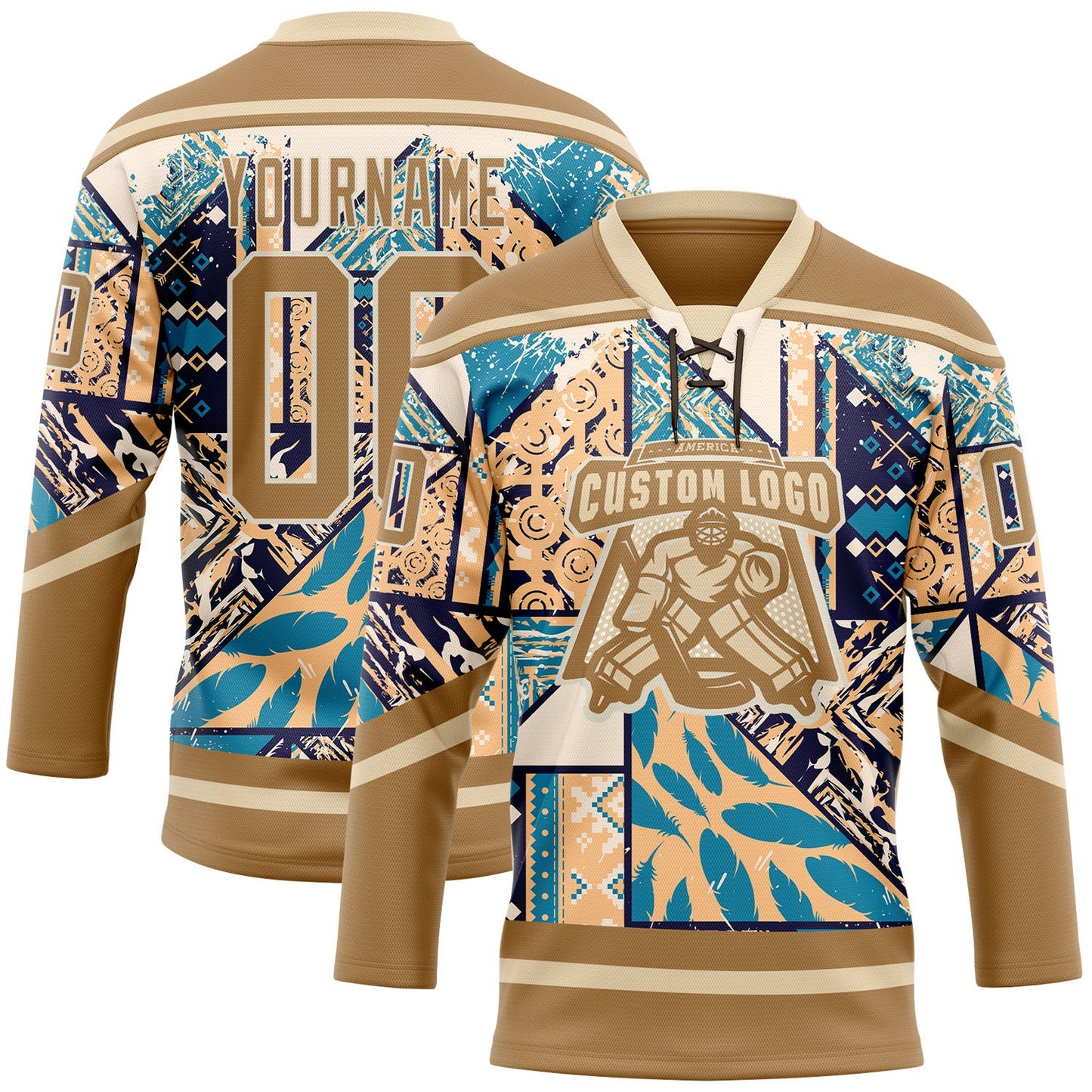 Custom Old Gold Blue-Cream Tribal Indigenous Grunge Geometric Splash Hockey Lace Neck Jersey view 2