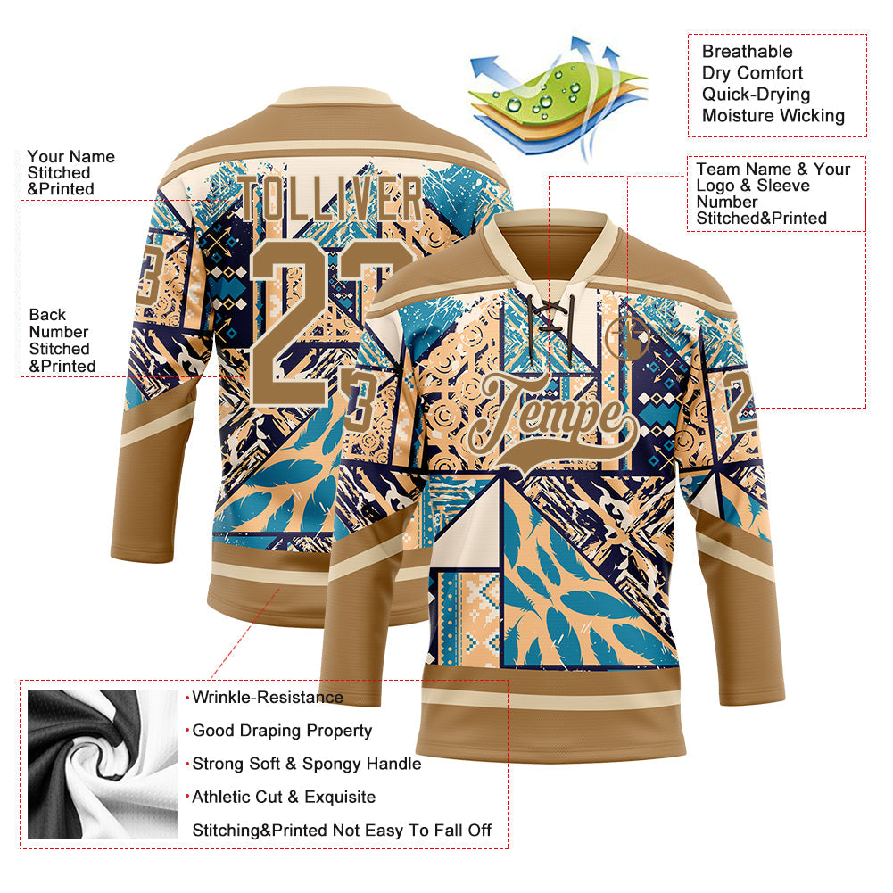 Custom Old Gold Blue-Cream Tribal Indigenous Grunge Geometric Splash Hockey Lace Neck Jersey view 5