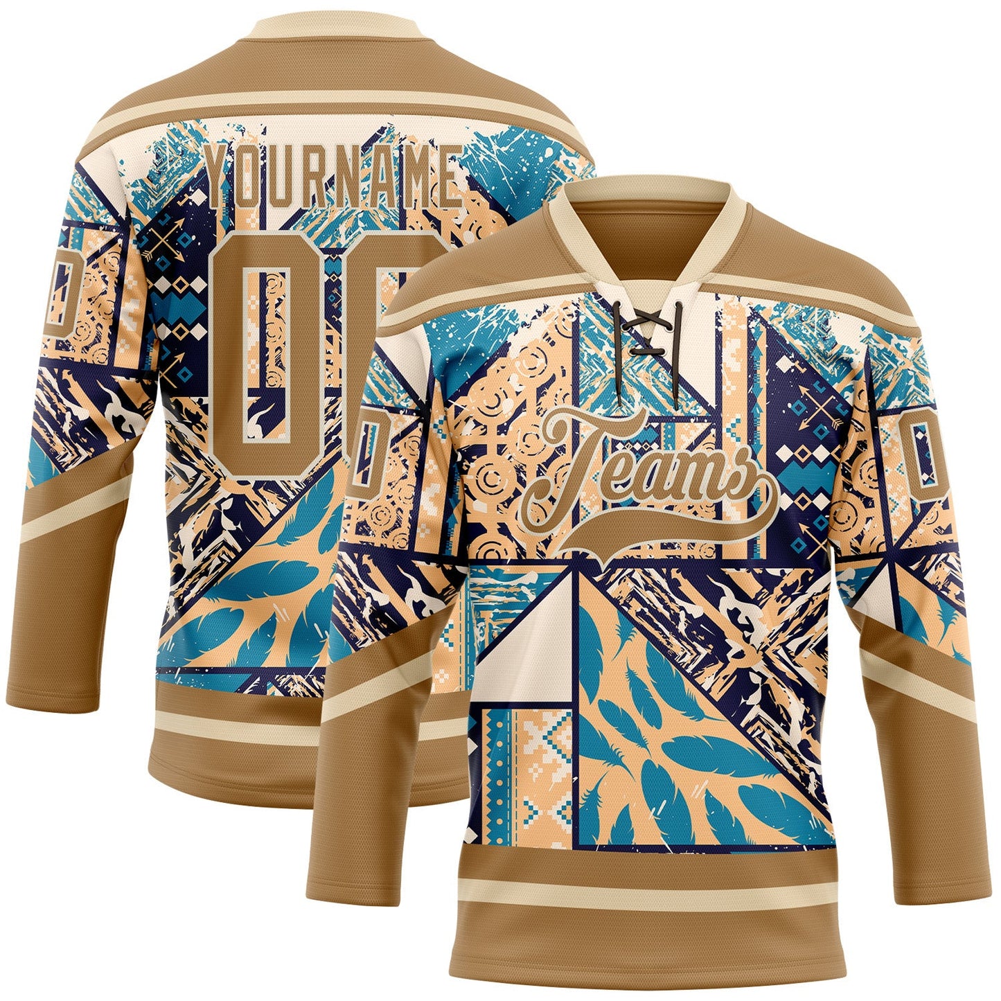 Custom Old Gold Blue-Cream Tribal Indigenous Grunge Geometric Splash Hockey Lace Neck Jersey - Main View