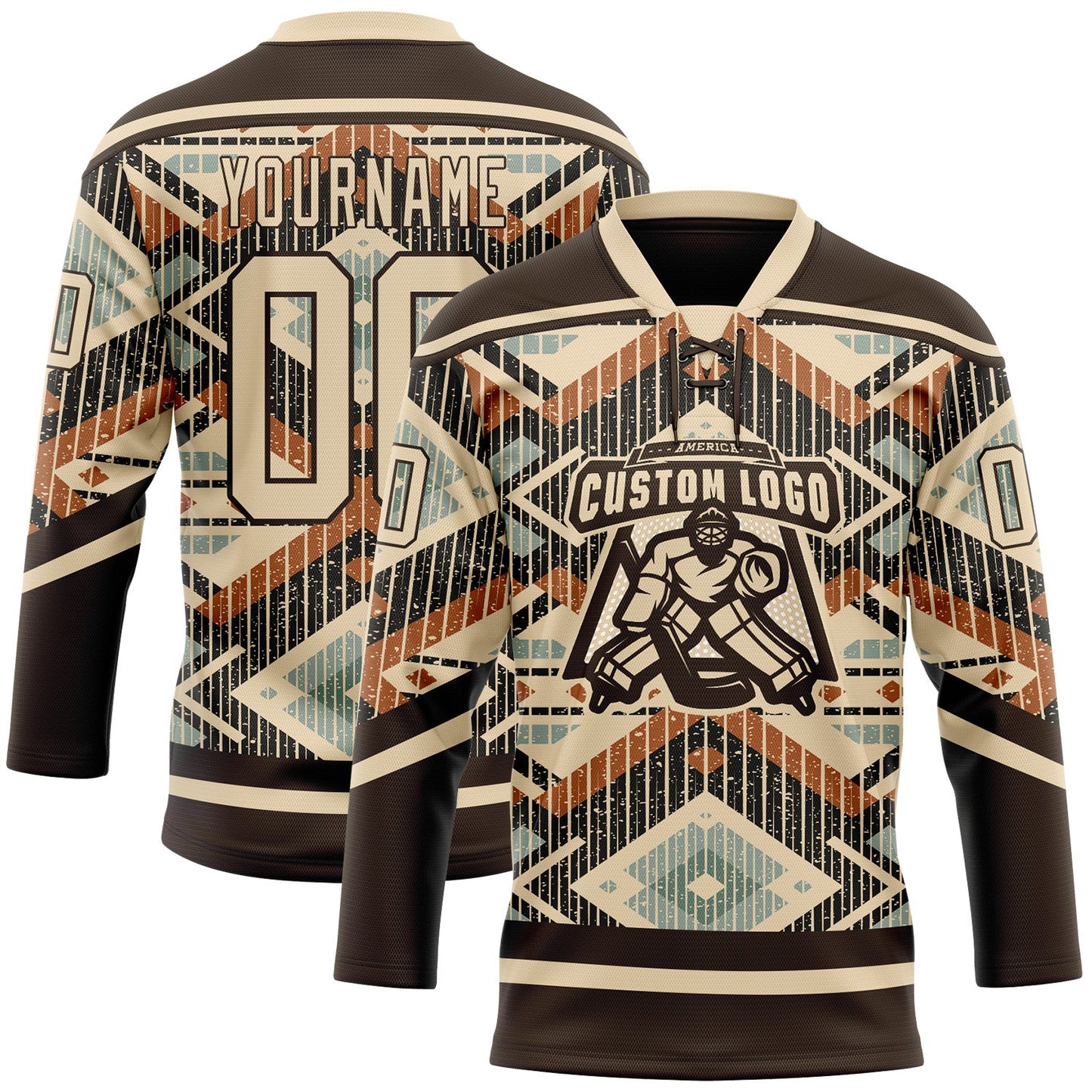Custom Brown City Cream Orange-Blue Tribal Indigenous Grunge Geometric Splash Hockey Lace Neck Jersey view 2