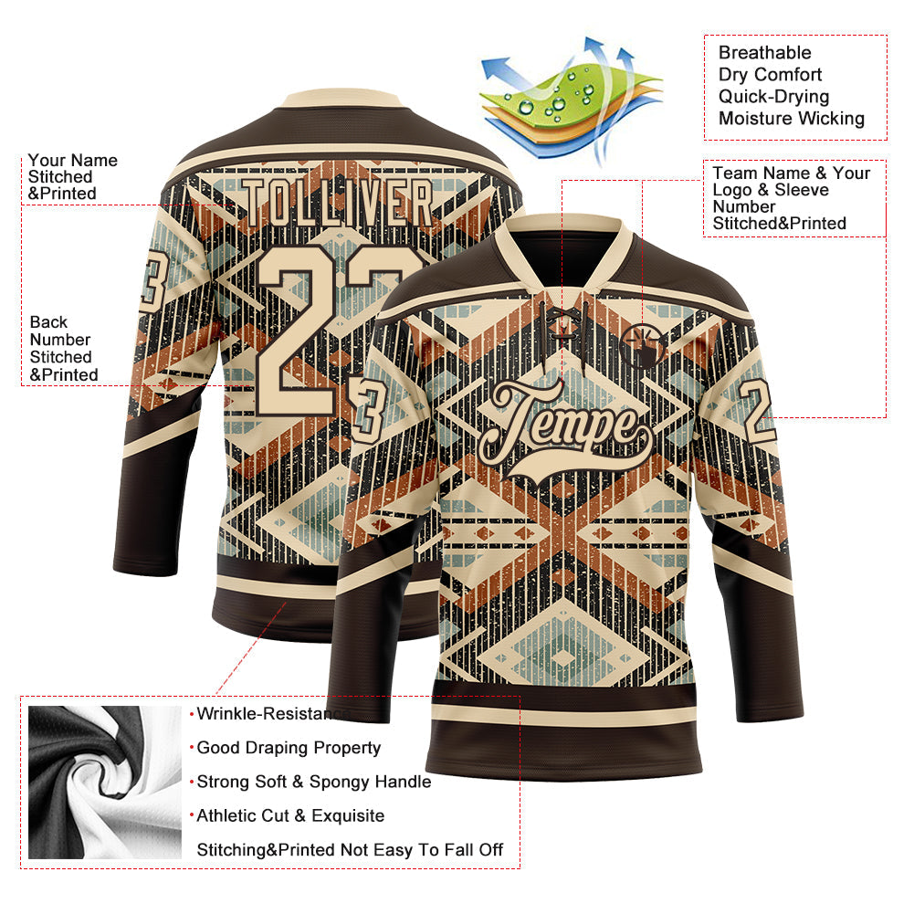 Custom Brown City Cream Orange-Blue Tribal Indigenous Grunge Geometric Splash Hockey Lace Neck Jersey view 5