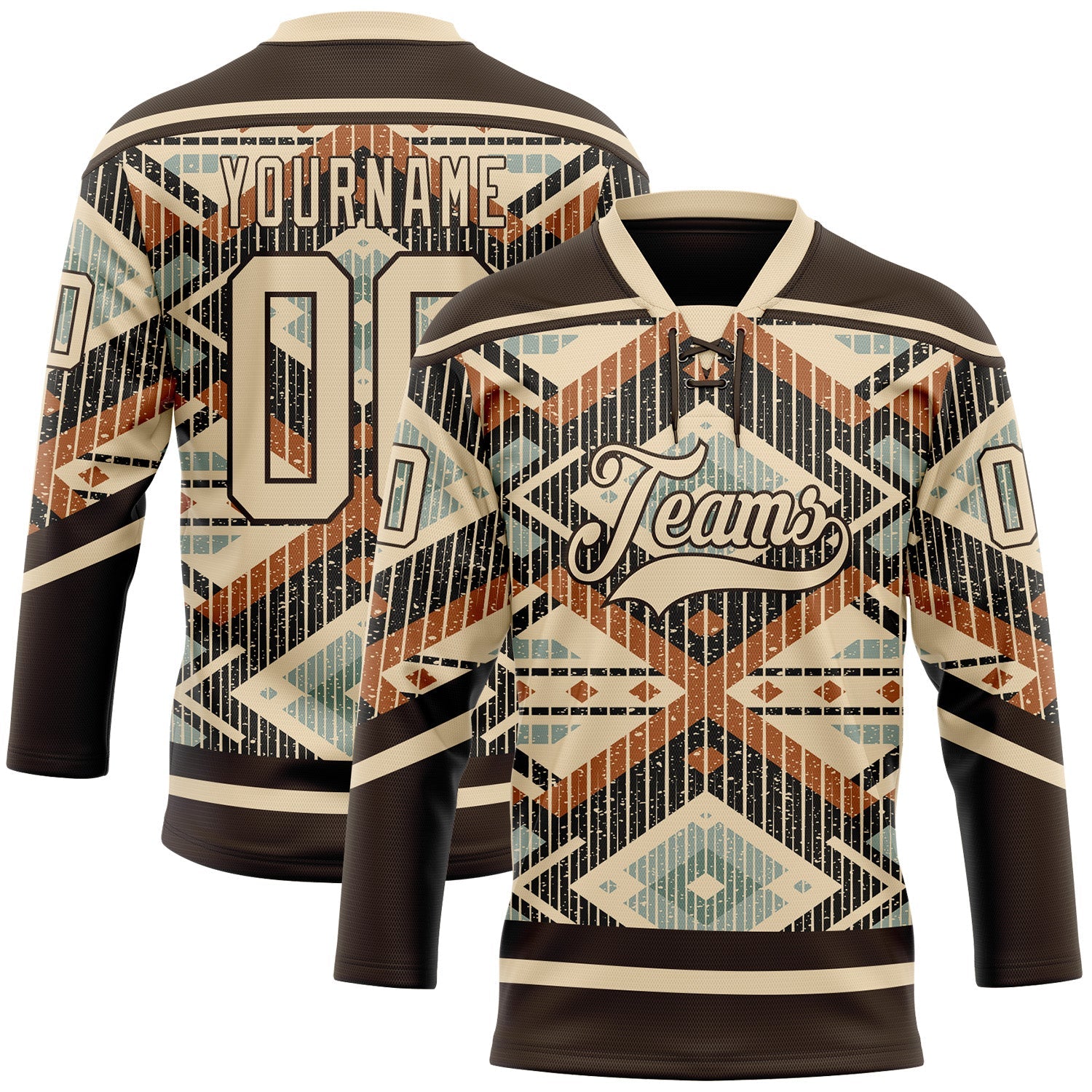 Custom Brown City Cream Orange-Blue Tribal Indigenous Grunge Geometric Splash Hockey Lace Neck Jersey - Main View